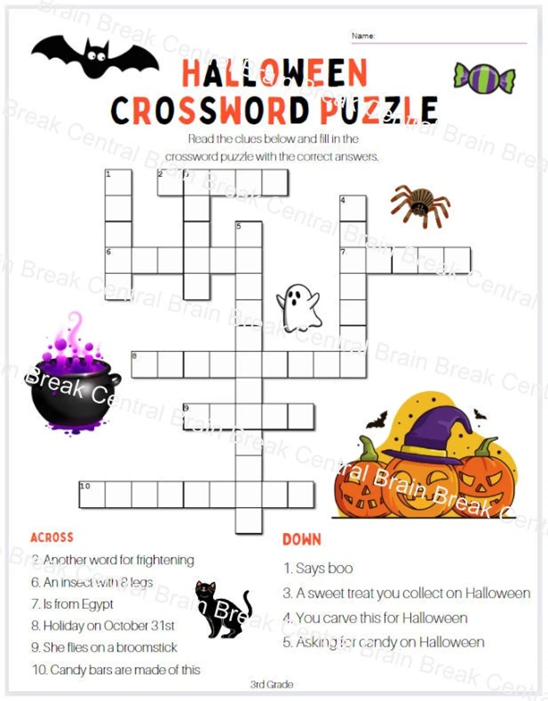 3rd Grade Halloween Crossword Puzzle With Answer Key Etsy