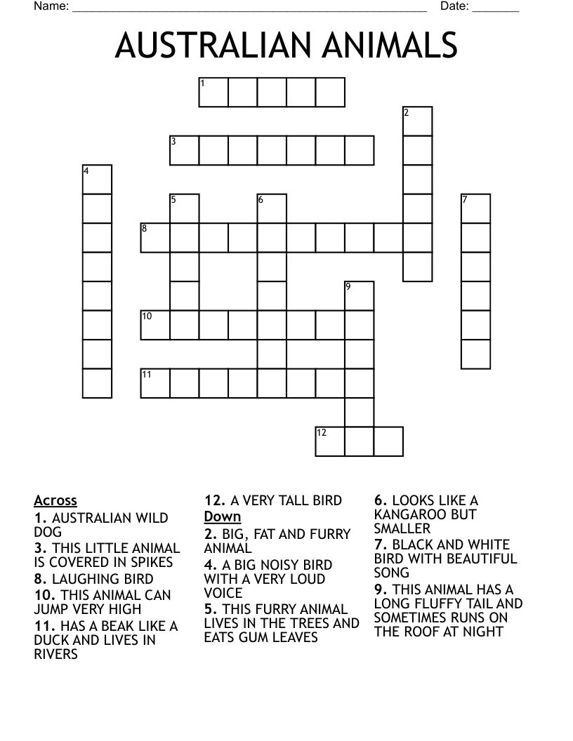 AUSTRALIAN ANIMALS Crossword WordMint
