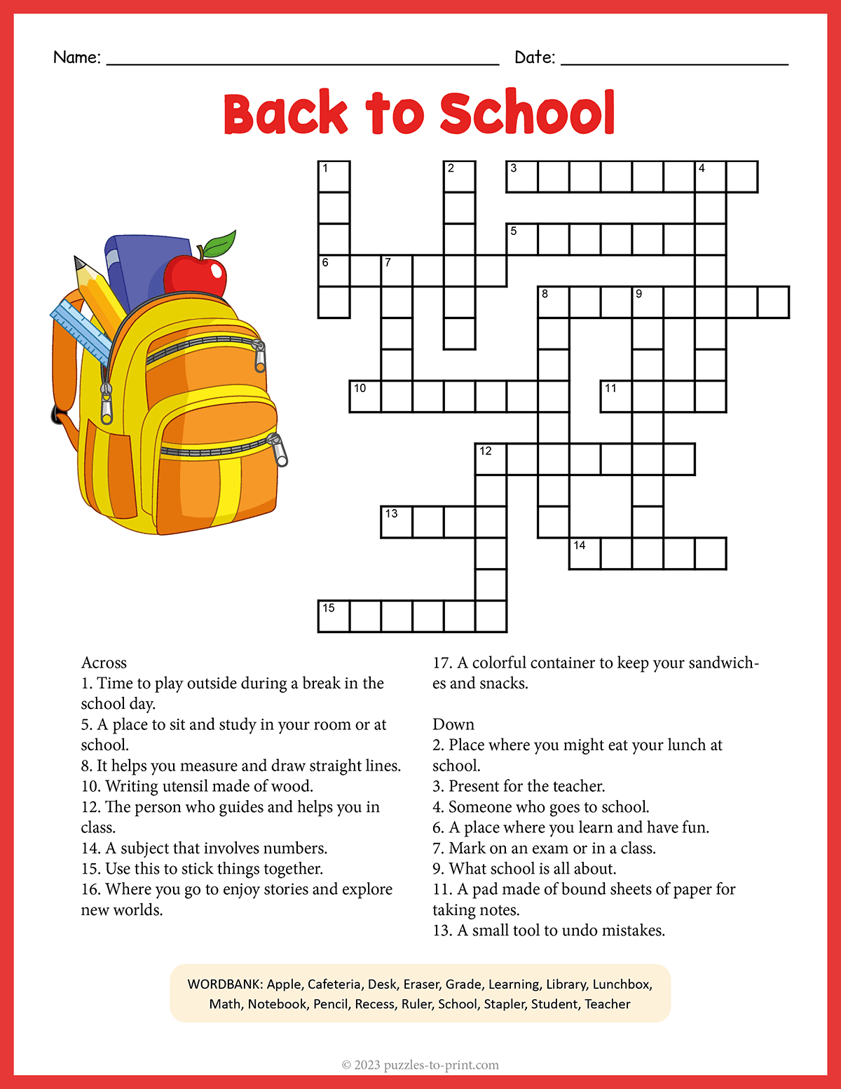 Back To School Crossword
