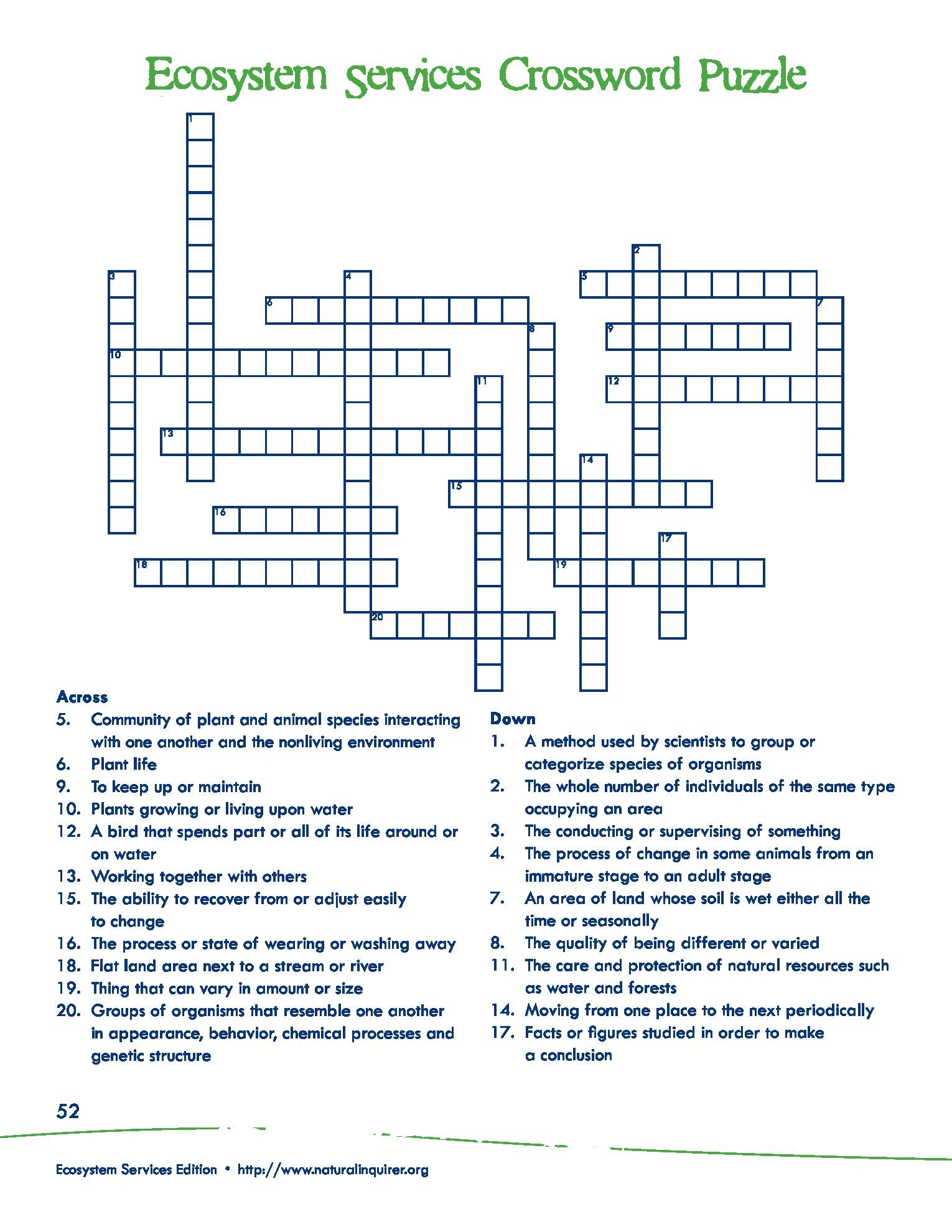 Crossword Ecosystem Services Natural Inquirer
