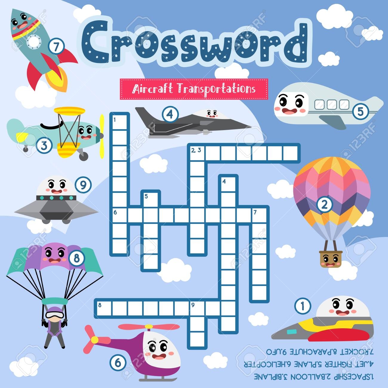 Crosswords Puzzle Game Of Aircraft Transportations For Preschool Kids Activity Worksheet Colorful Printable Version Vector Illustration Royalty Free SVG Cliparts Vectors And Stock Illustration Image 134799175 