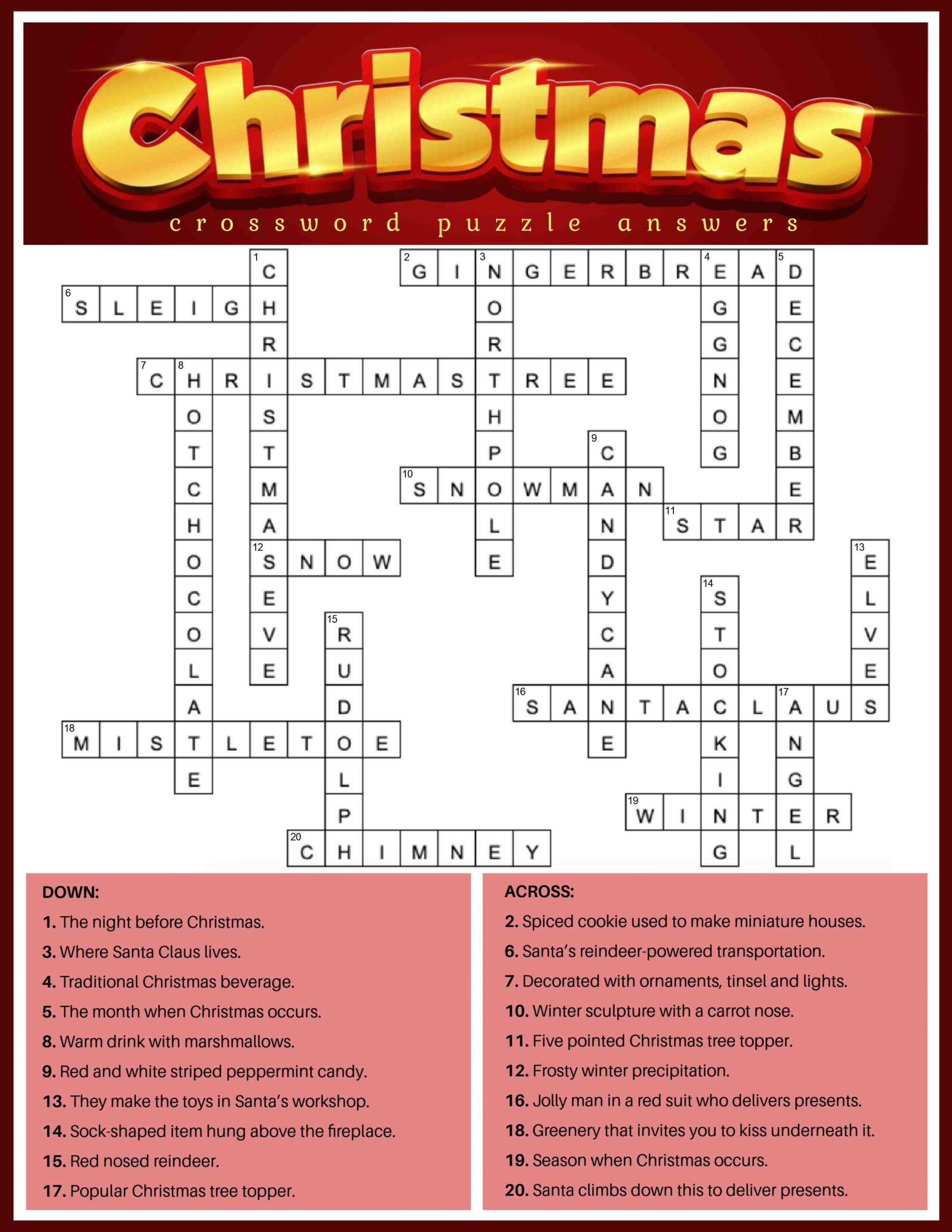 Free Christmas Crossword Puzzle Printable PDF JPG 