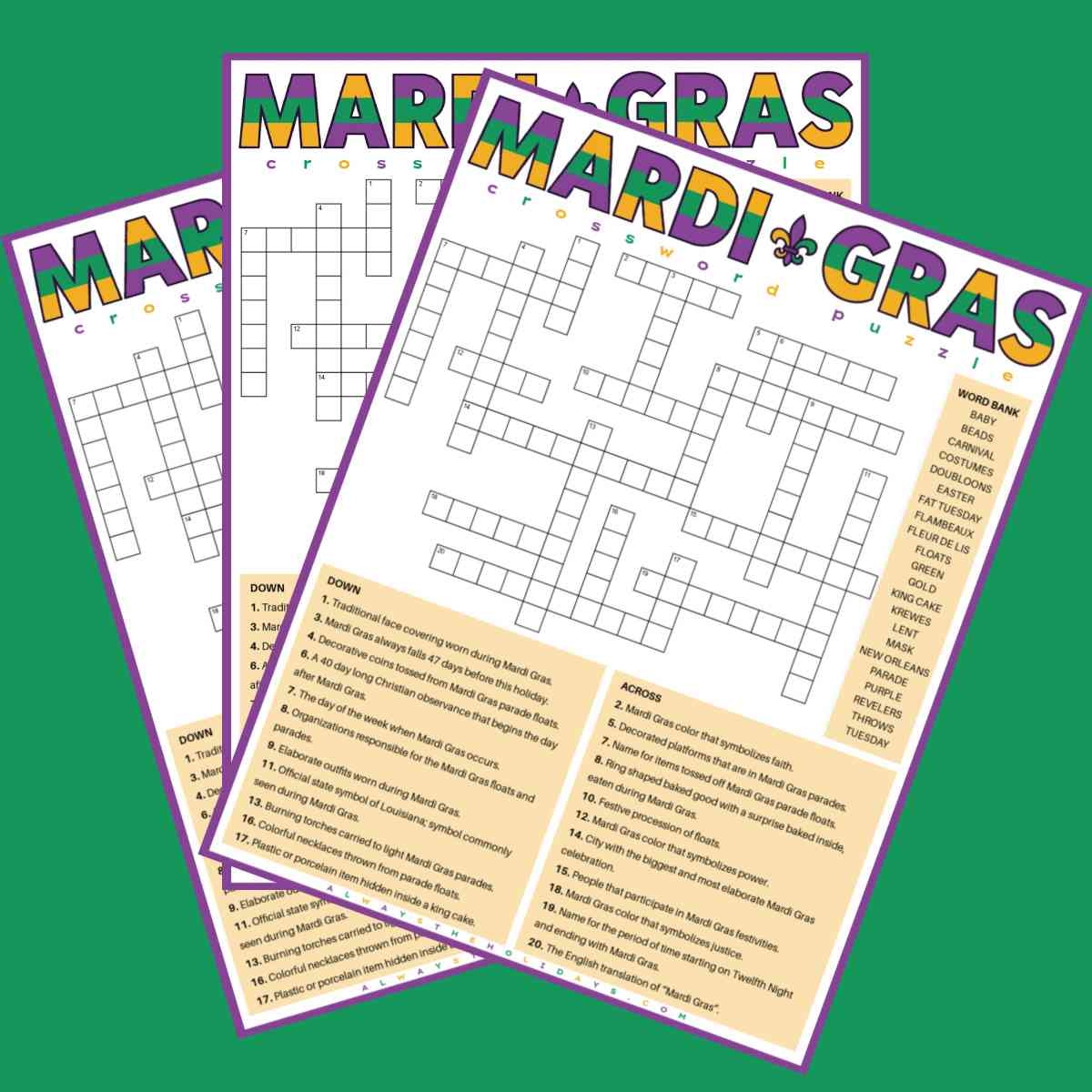 Free Mardi Gras Crossword Puzzle Printable PDF JPG 