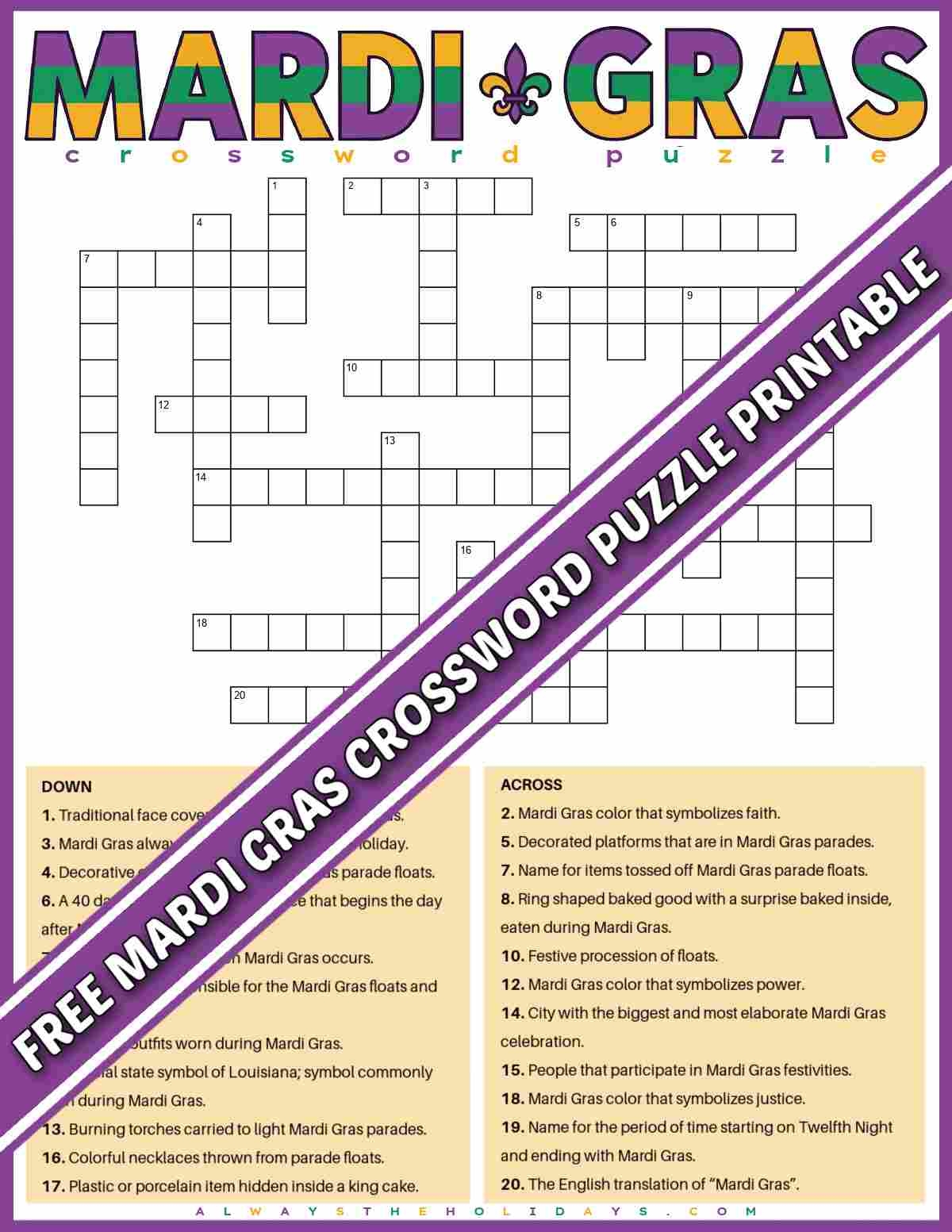 Free Mardi Gras Crossword Puzzle Printable PDF JPG 