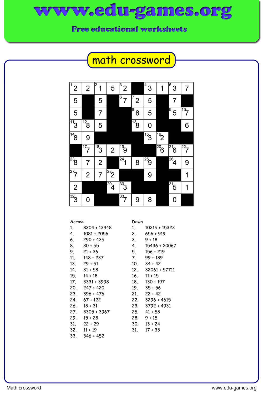 Free Math Crossword Maker Customizable PDF Worksheets For Teachers 