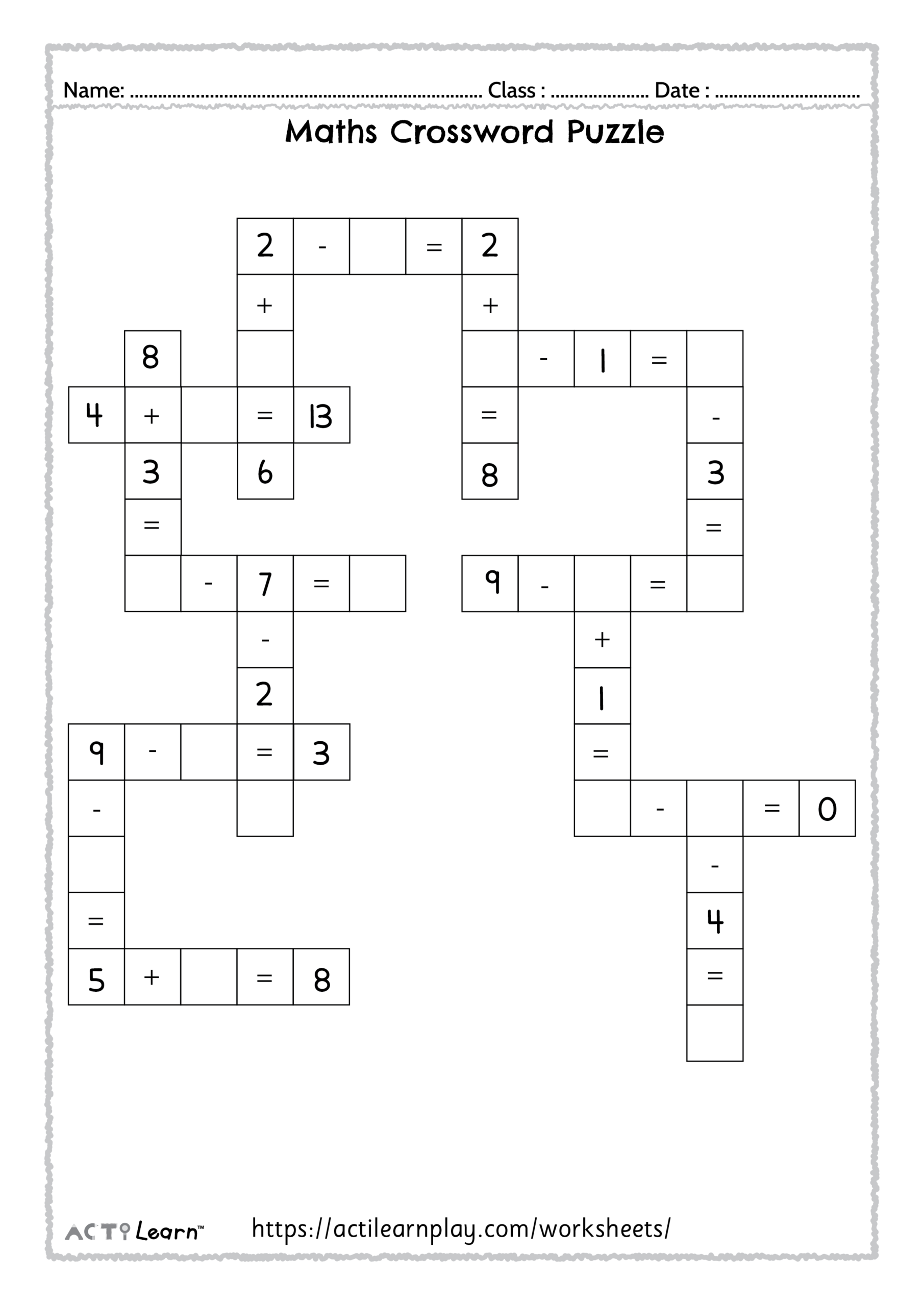 Free Math Crossword Puzzle Addition Subtraction For Kids