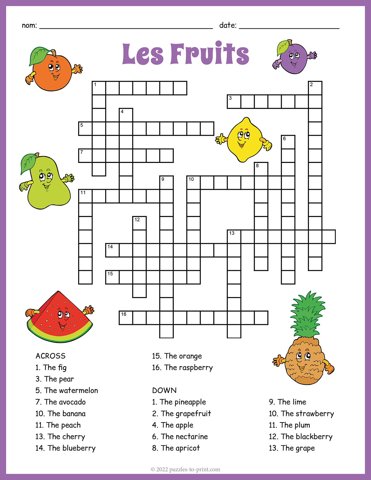 Free Printable French Fruits Crossword
