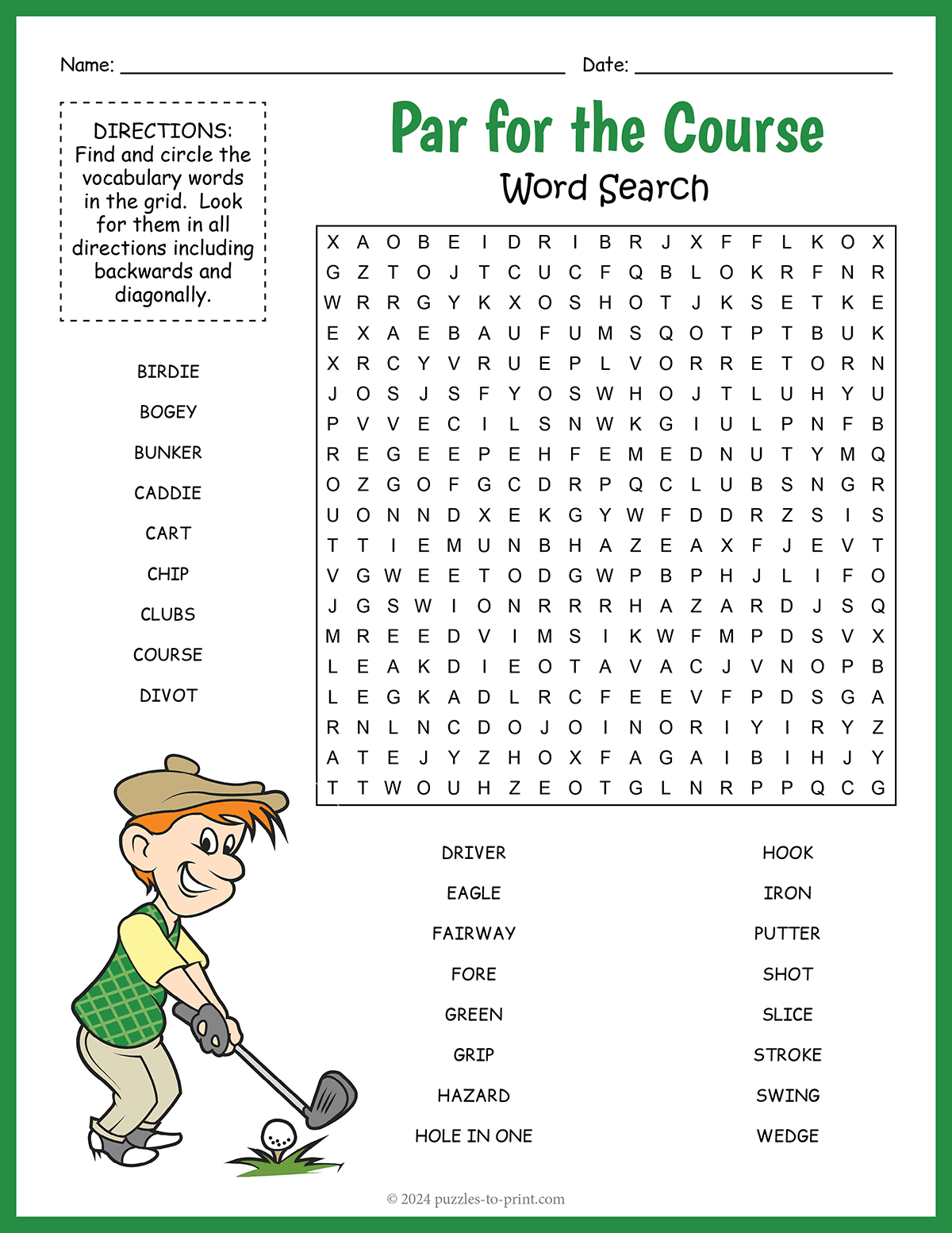 Free Printable Golf Word Search