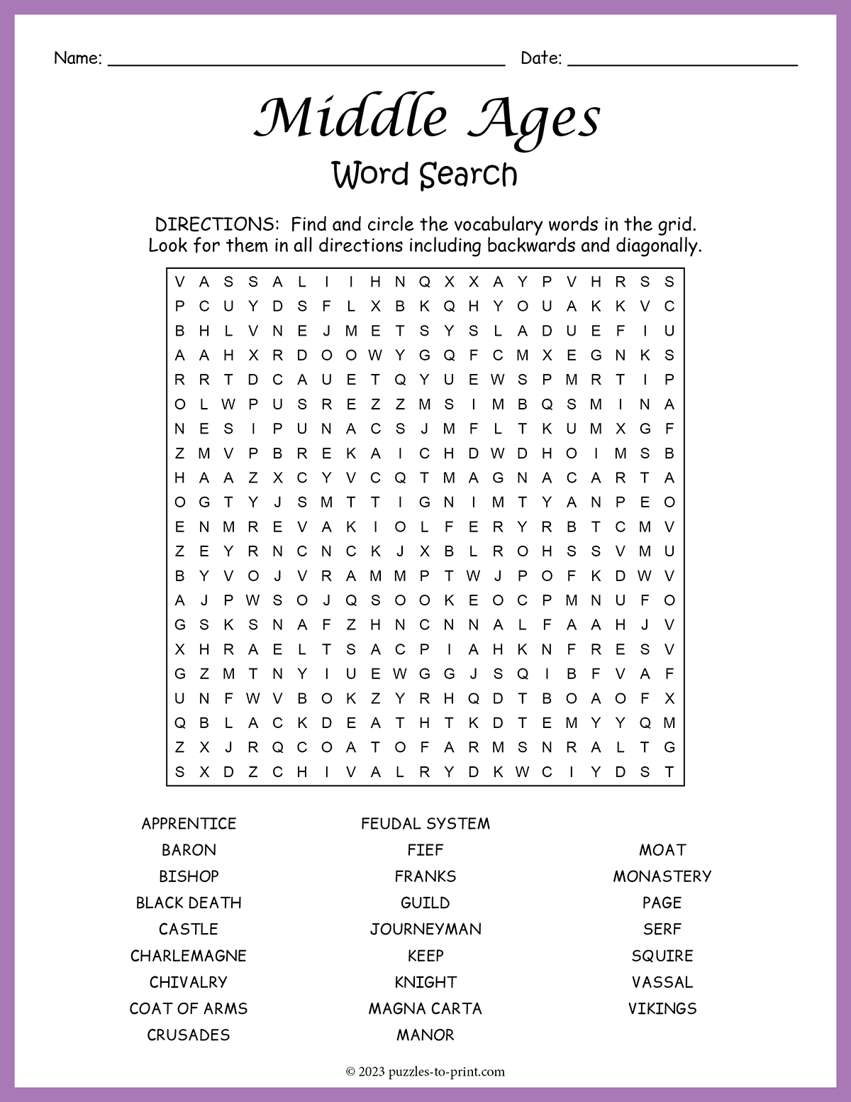 Free Printable Middle Ages Word Search
