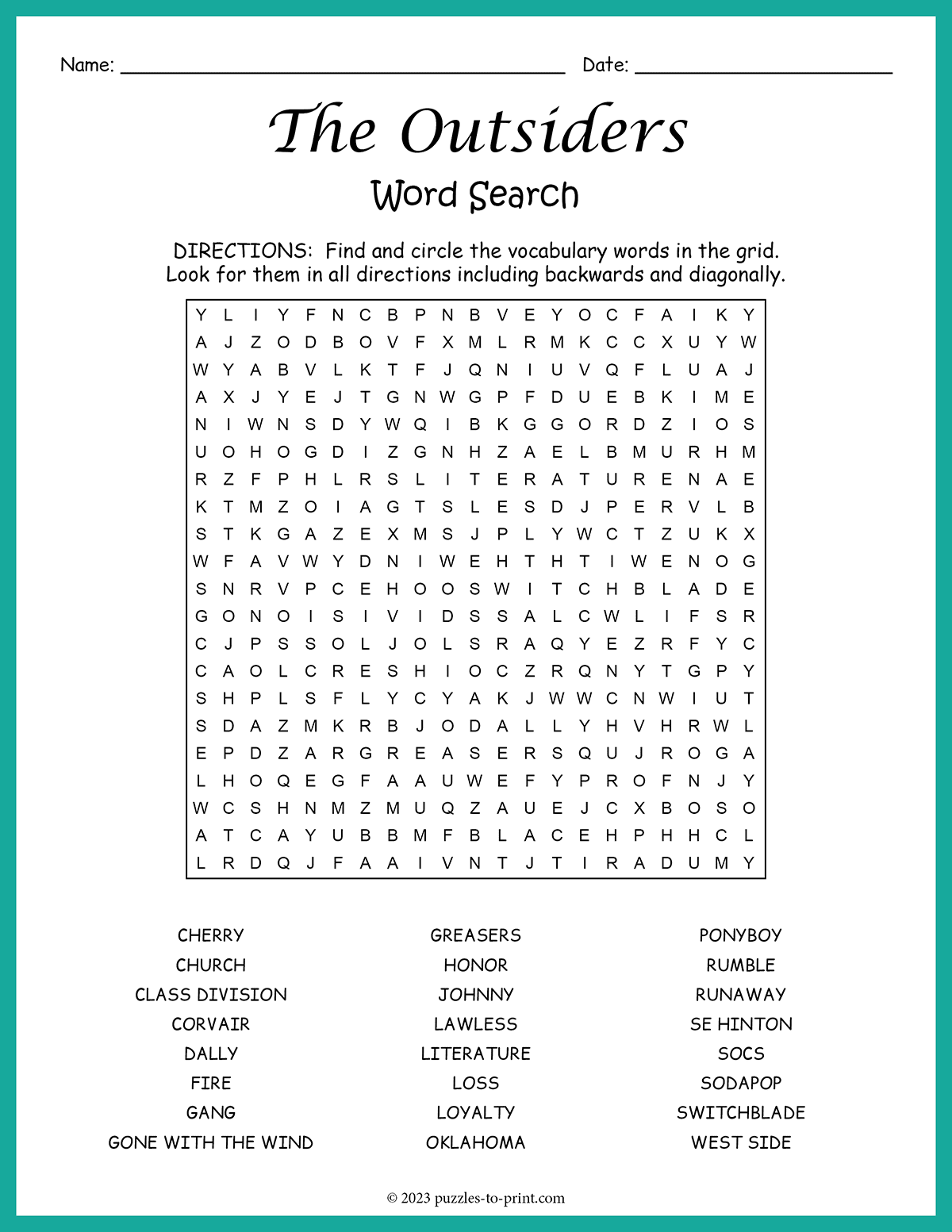 Free Printable The Outsiders Word Search