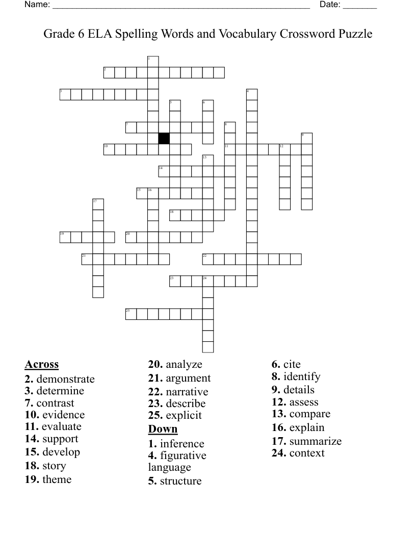 Grade 6 ELA Spelling Words And Vocabulary Crossword Puzzle WordMint