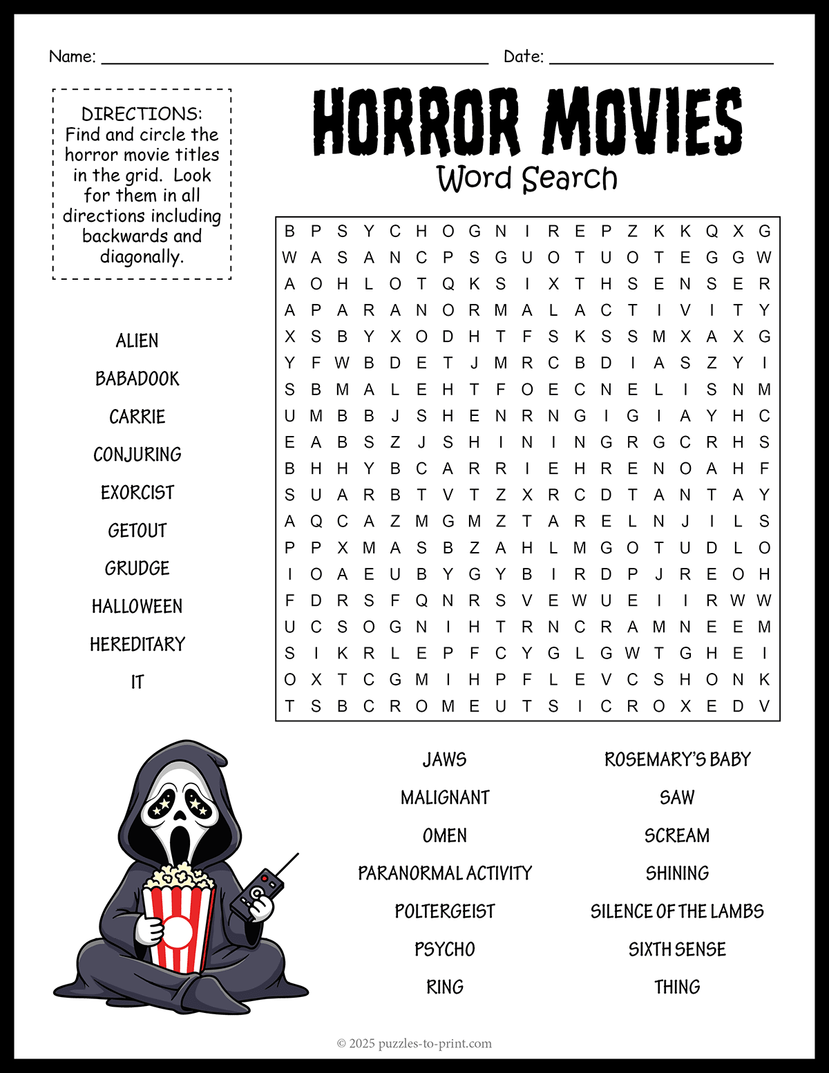 Horror Movies Word Search
