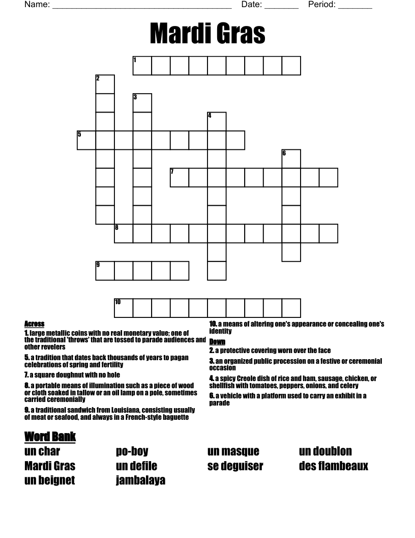 Mardi Gras Crossword WordMint