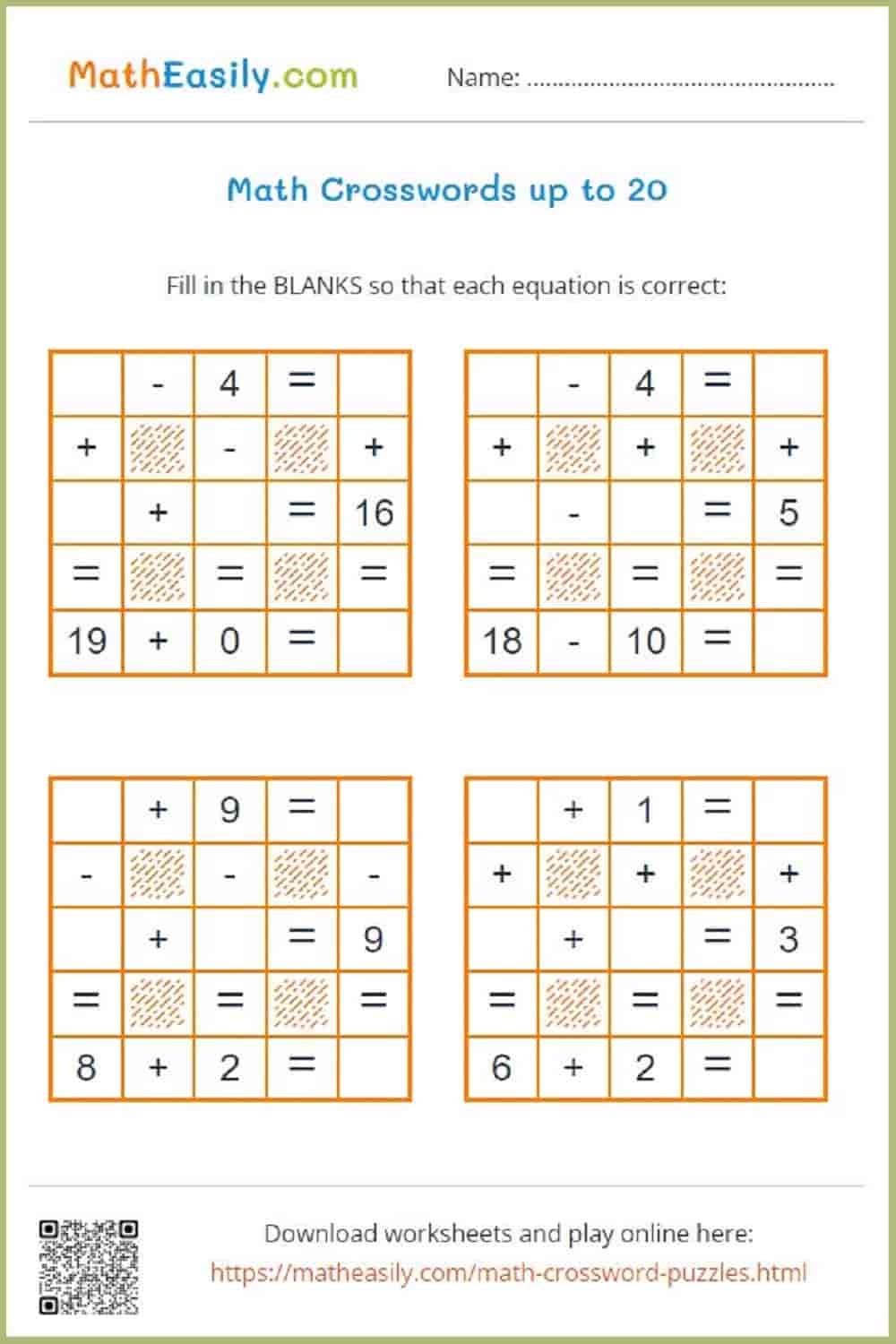 Math Crosswords ONLINE Printable