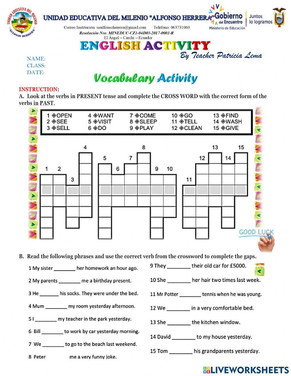 Past Tense Cros Free Interactive Worksheets 1996144