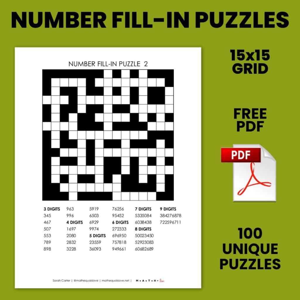 15x15 Number Fill In Puzzles Math Love