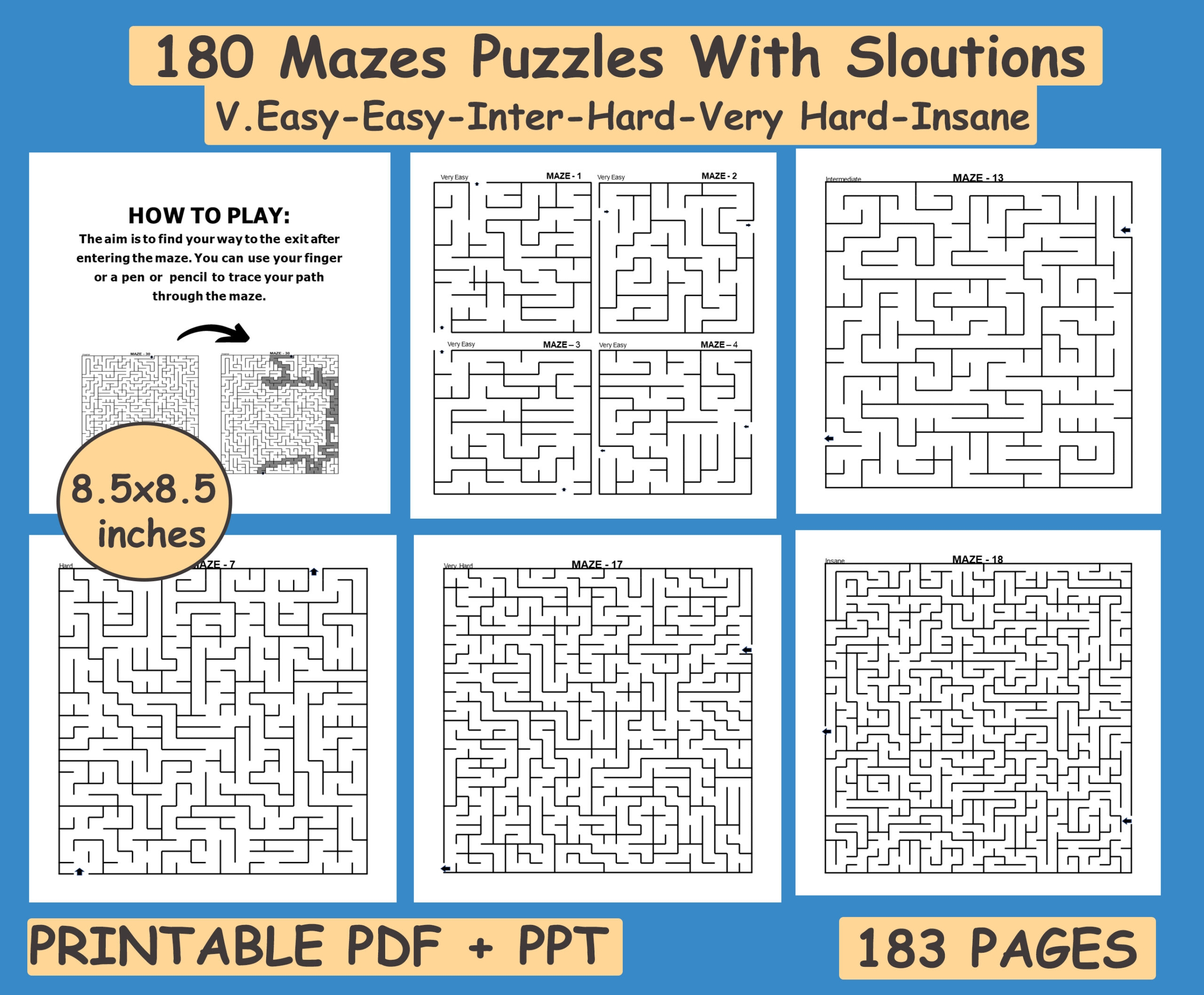 180 Maze Puzzle Book From Very Easy To Insane Level With Solutions Made By Teachers