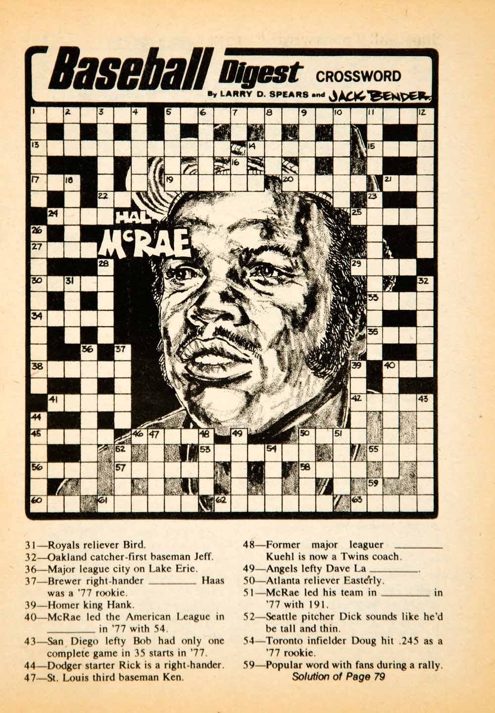 1978 Print MLB Baseball Sports Memorabilia Crossword Puzzle Hal McRae Period Paper Historic Art LLC