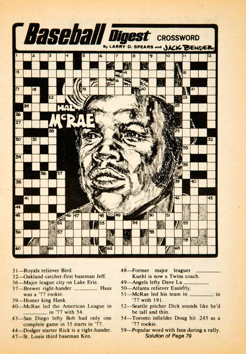 1978 Print MLB Baseball Sports Memorabilia Crossword Puzzle Hal McRae Period Paper Historic Art LLC