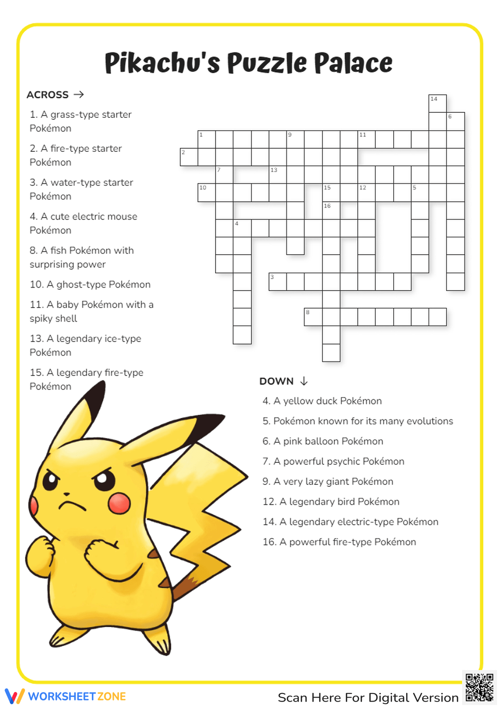 1st Grade Pokemon Crossword Puzzle Worksheets