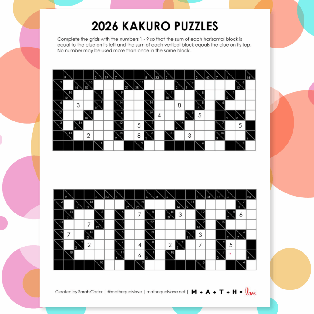 2026 Kakuro Puzzles For New Years Math Love