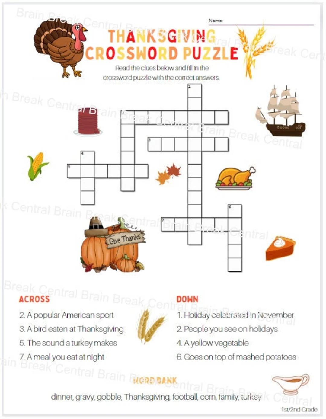 2nd Grade Thanksgiving Crossword Puzzle With Word Bank And Answer Key Printable Etsy