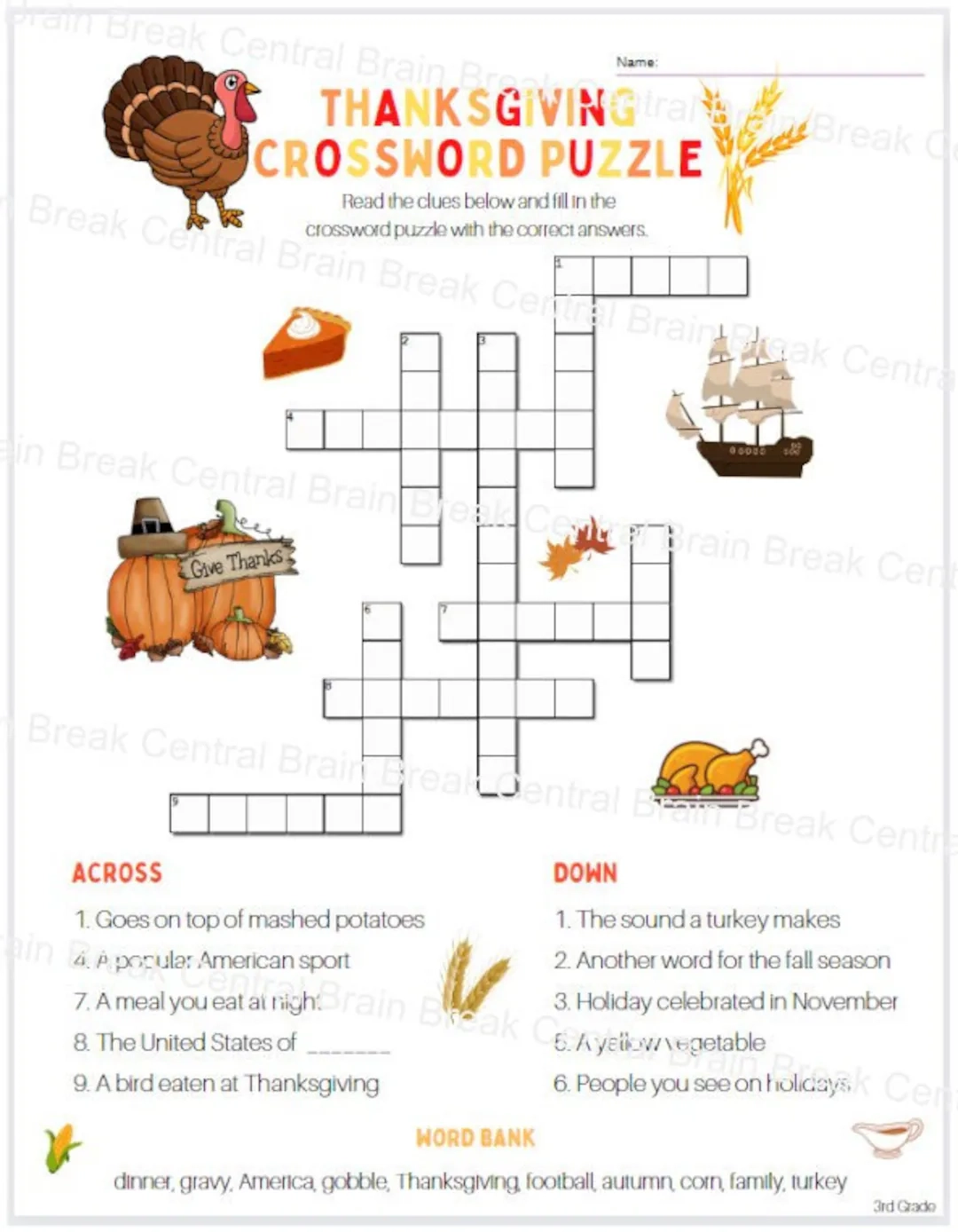 3rd Grade Thanksgiving Crossword Puzzle With Word Bank And Answer Key Printable Etsy Norway