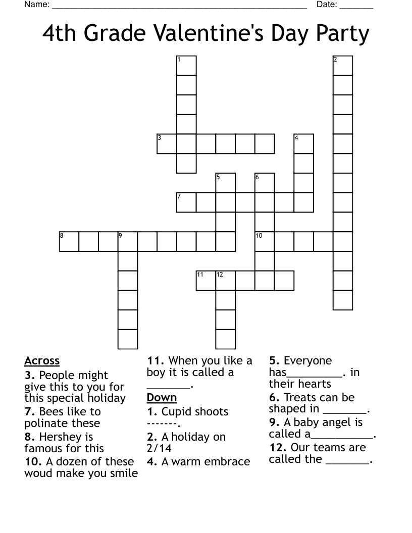 4th Grade Valentine s Day Party Crossword WordMint 4th Grade Valentine s Day Party Crossword WordMint
