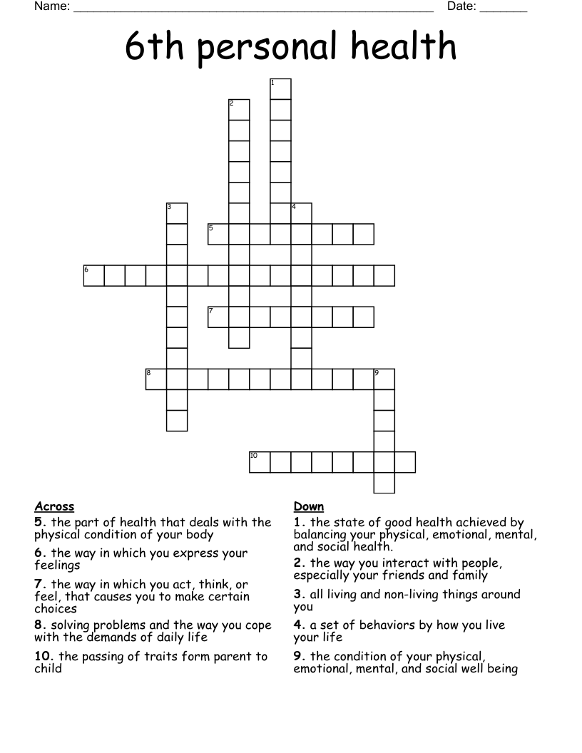 6th Personal Health Crossword WordMint