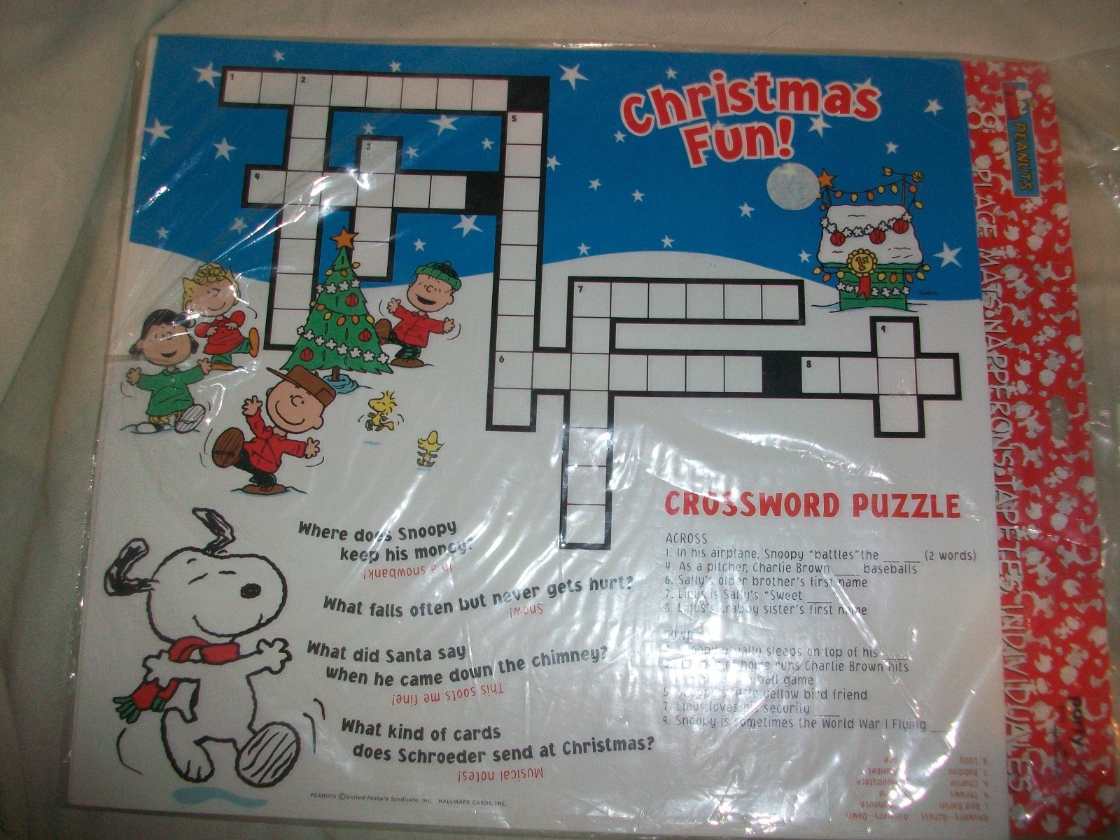 8 Hallmark Party Express Peanuts Snoopy Christmas Crossword Puzzle Placemats EBay