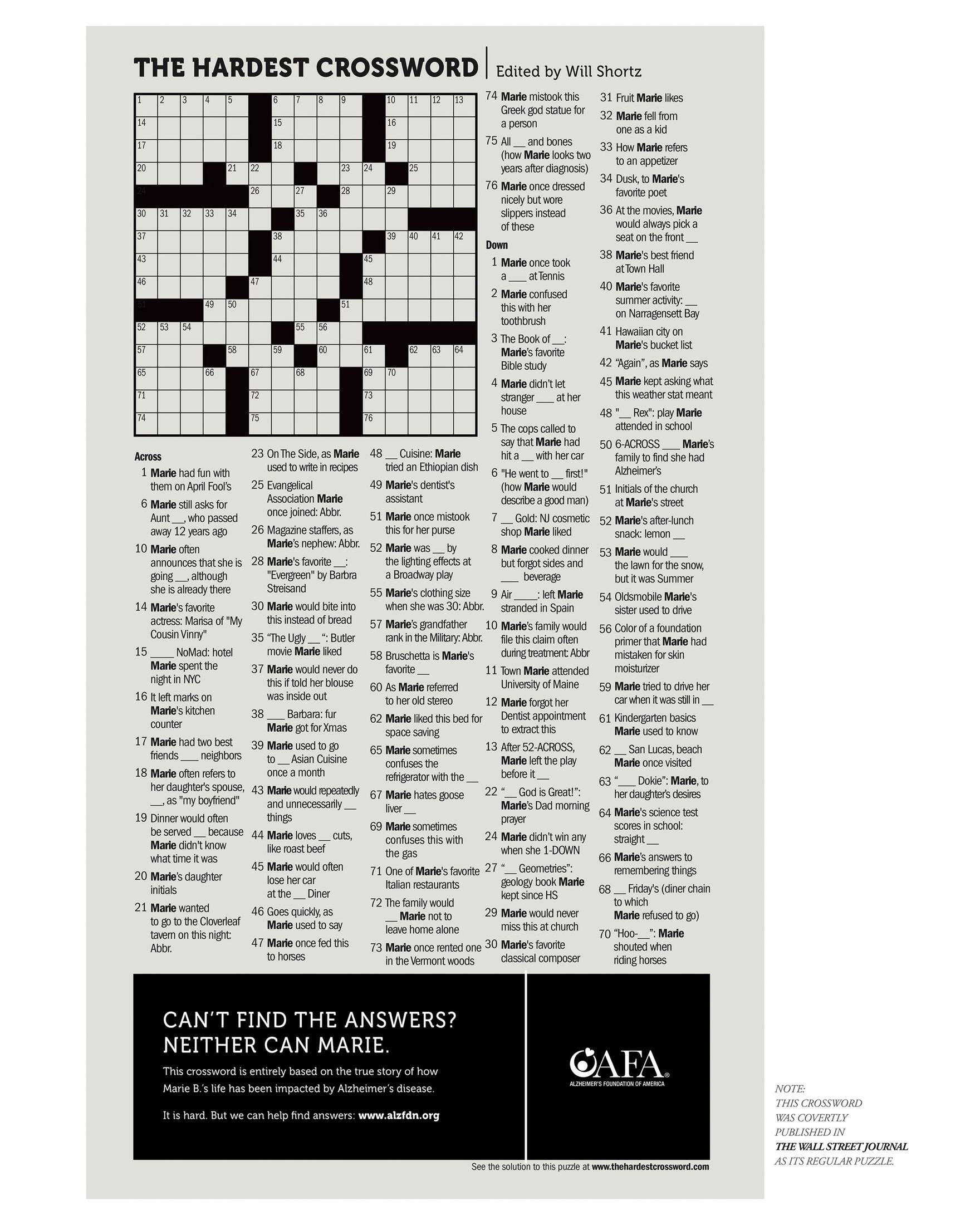 Alzheimer s Foundation The Hardest Crossword Marie s Crossword The Hardest Cr Ads Of The World Part Of The Clio Network