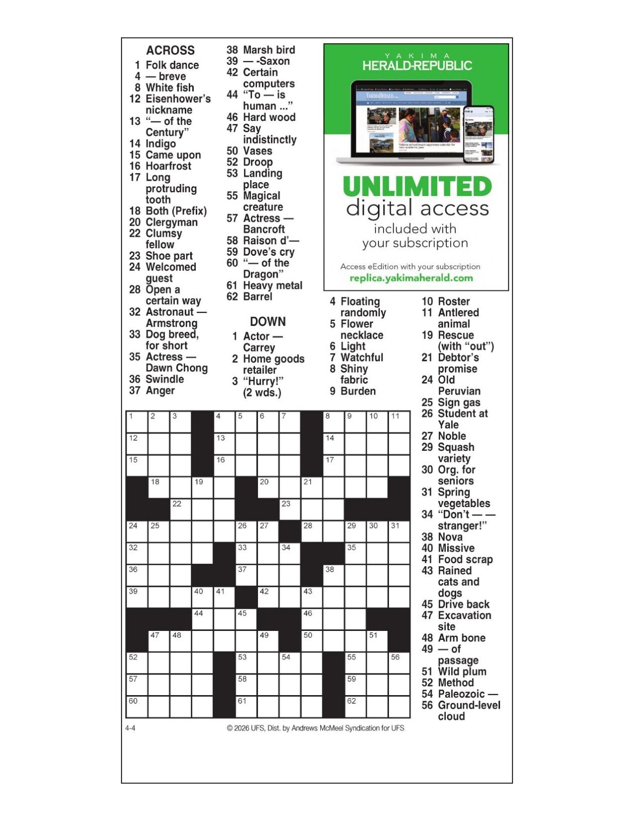 AM Crossword April 4 2026 Crosswords Yakimaherald