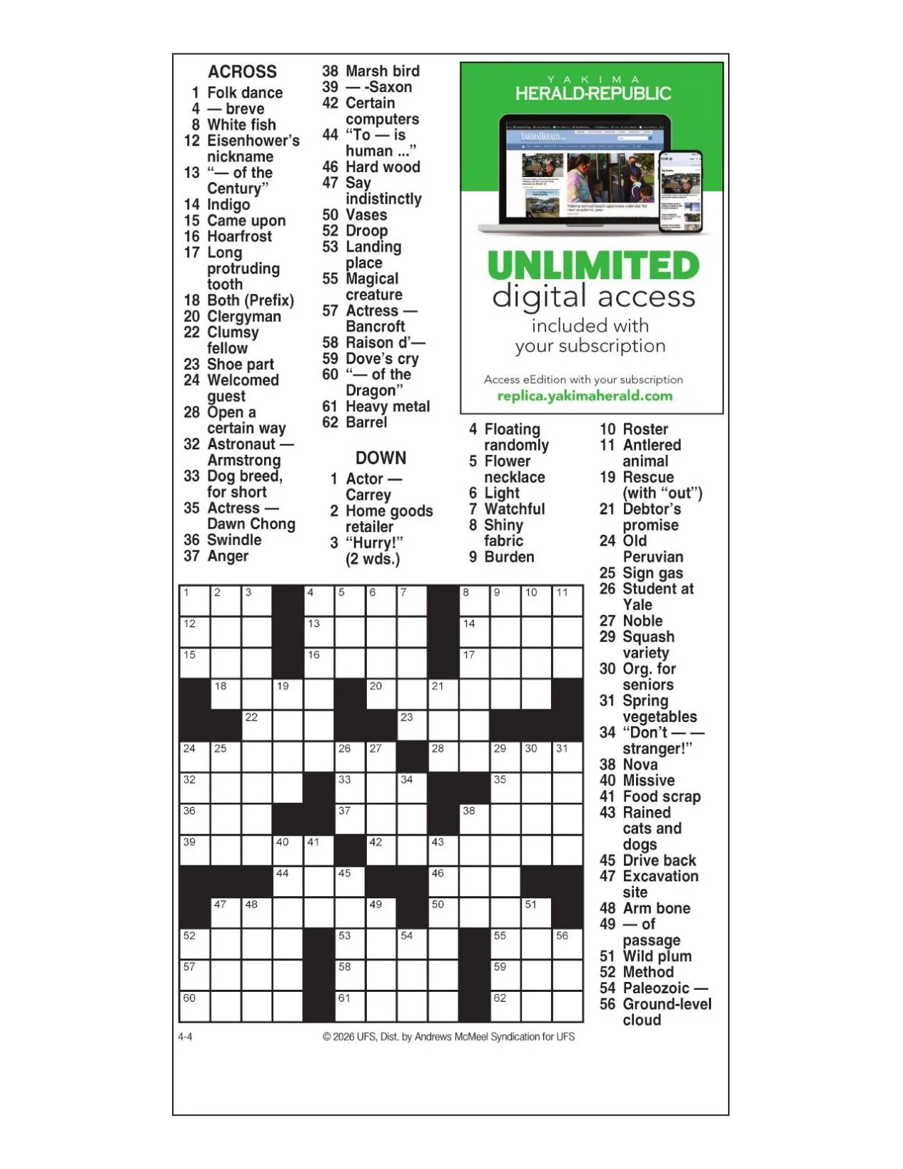 AM Crossword April 4 2026 Crosswords Yakimaherald