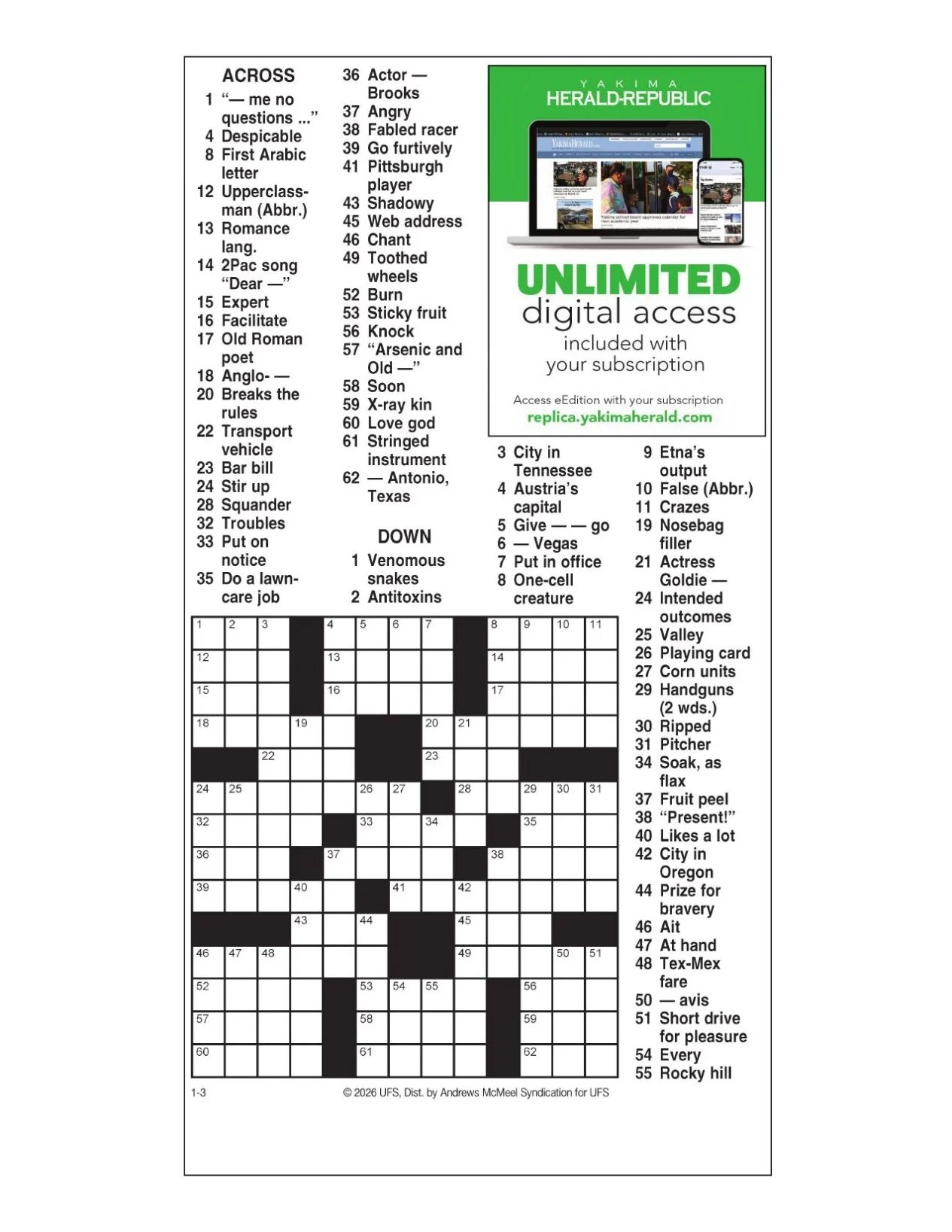 AM Crossword Jan 3 2026 Crosswords Yakimaherald