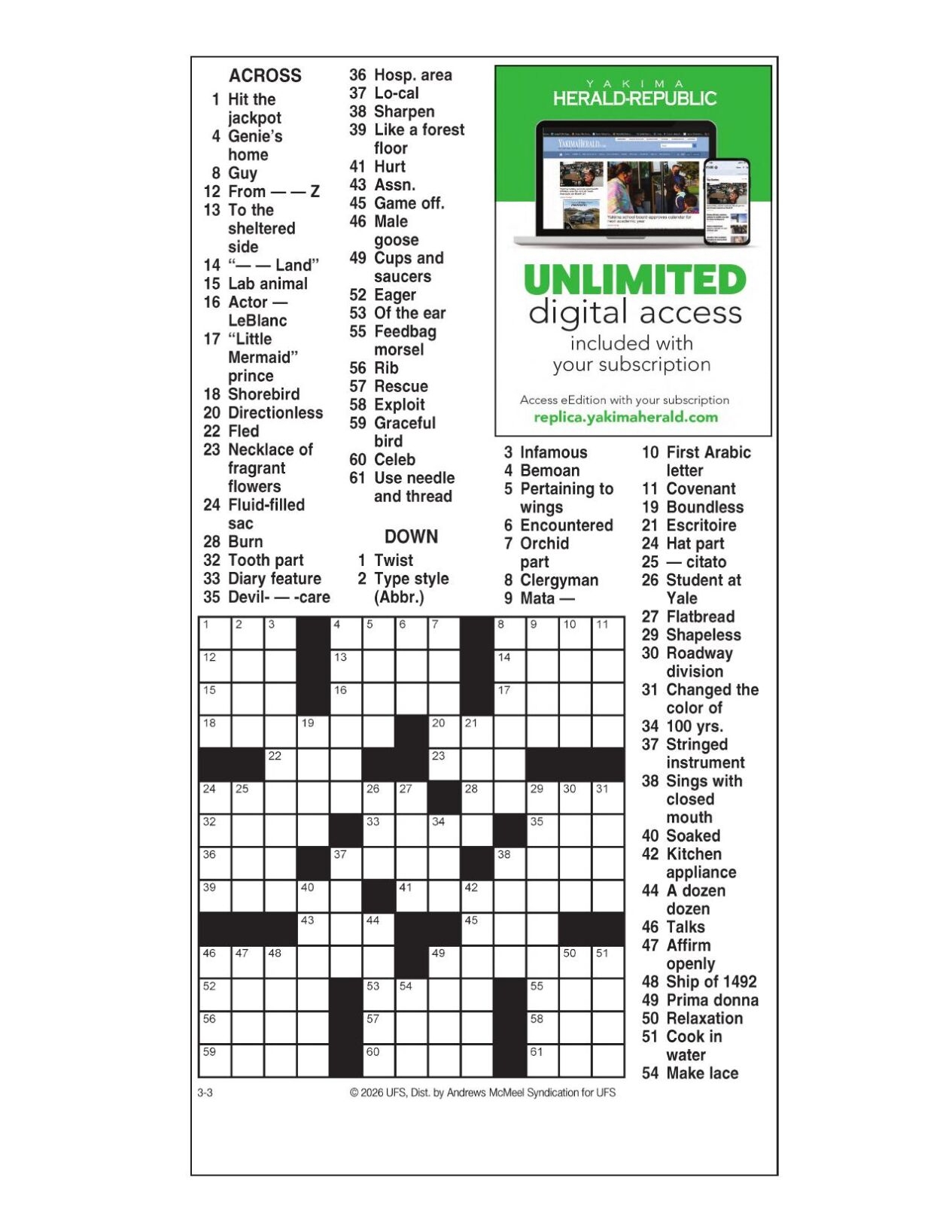 AM Crossword March 3 2026 Crosswords Yakimaherald