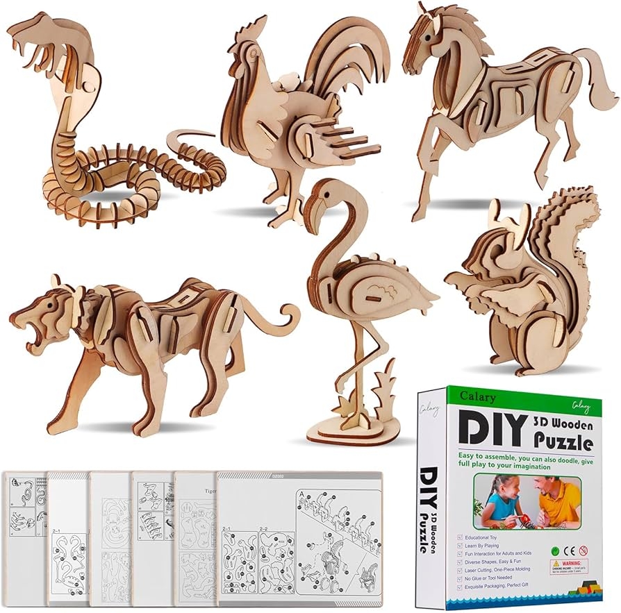 Amazon Calary 3D Wooden Puzzle Simulation Animal Dinosaur Assembly DIY Model Toy For Kids And Adults Set Of 6 Toys Games