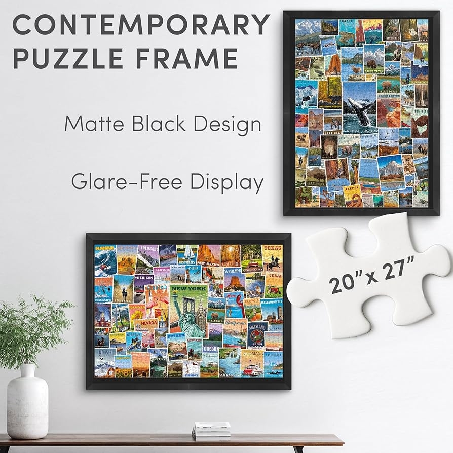 Amazon Funwares 20x27 Puzzle Frame No Glass Or Plastic Cover Easy Click Assembly Lightweight Glare Free Display For 1000 Piece Puzzles Hang Vertical Or Horizontal Includes Puzzle Glue Sheets 