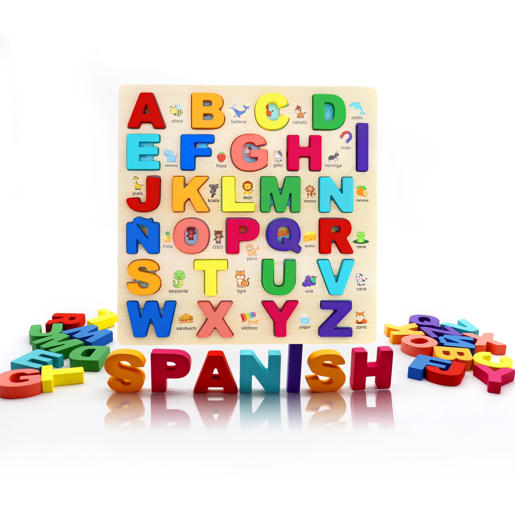 Amazon MAYAPHILOS Wooden Alphabet Puzzle Learn Spanish For Kids With 27 Spanish Letters Colorful ABC Shape Puzzles For Kids Preschool Educational Learning Toys For Girls And Boys Toys Games