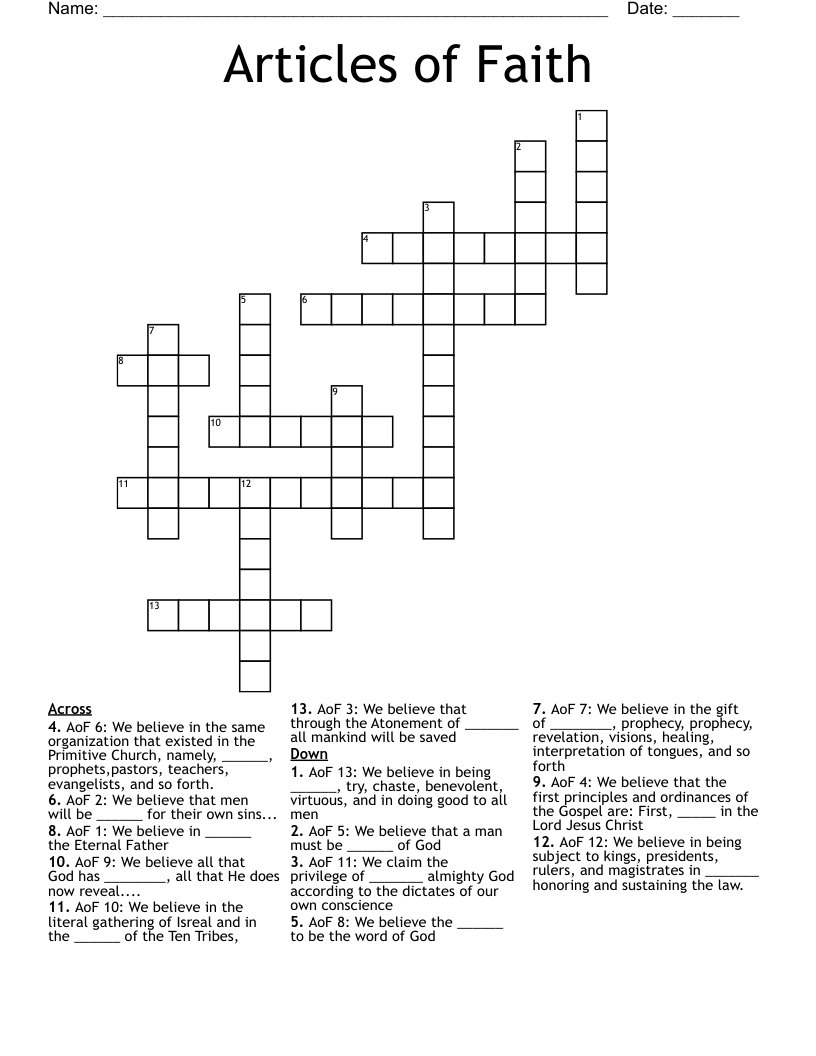 Articles Of Faith Crossword WordMint