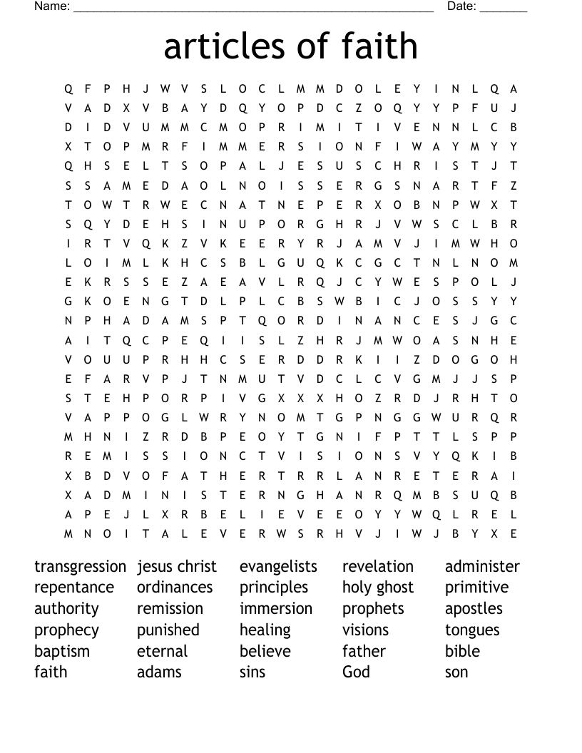 Articles Of Faith Word Search WordMint