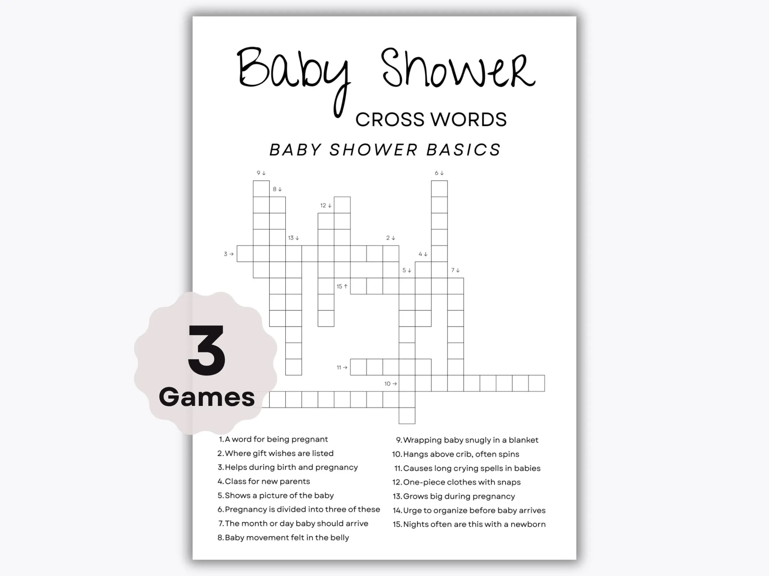 Baby Shower Cross Words Game 3 Printable Games Icebreaker Baby Shower Activity 3 Themes Essentials Parenthood Celebration Etsy