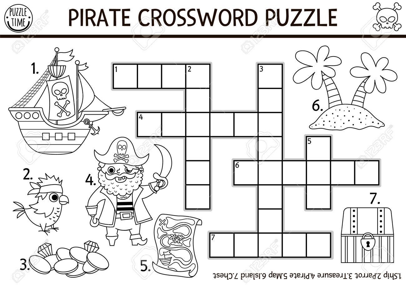 Black And White Vector Pirate Crossword Puzzle For Kids Simple Line Treasure Island Quiz For Children Educational Activity With Ship Parrot Map Chest Cute Cross Word Or Coloring Page Royalty Free SVG 