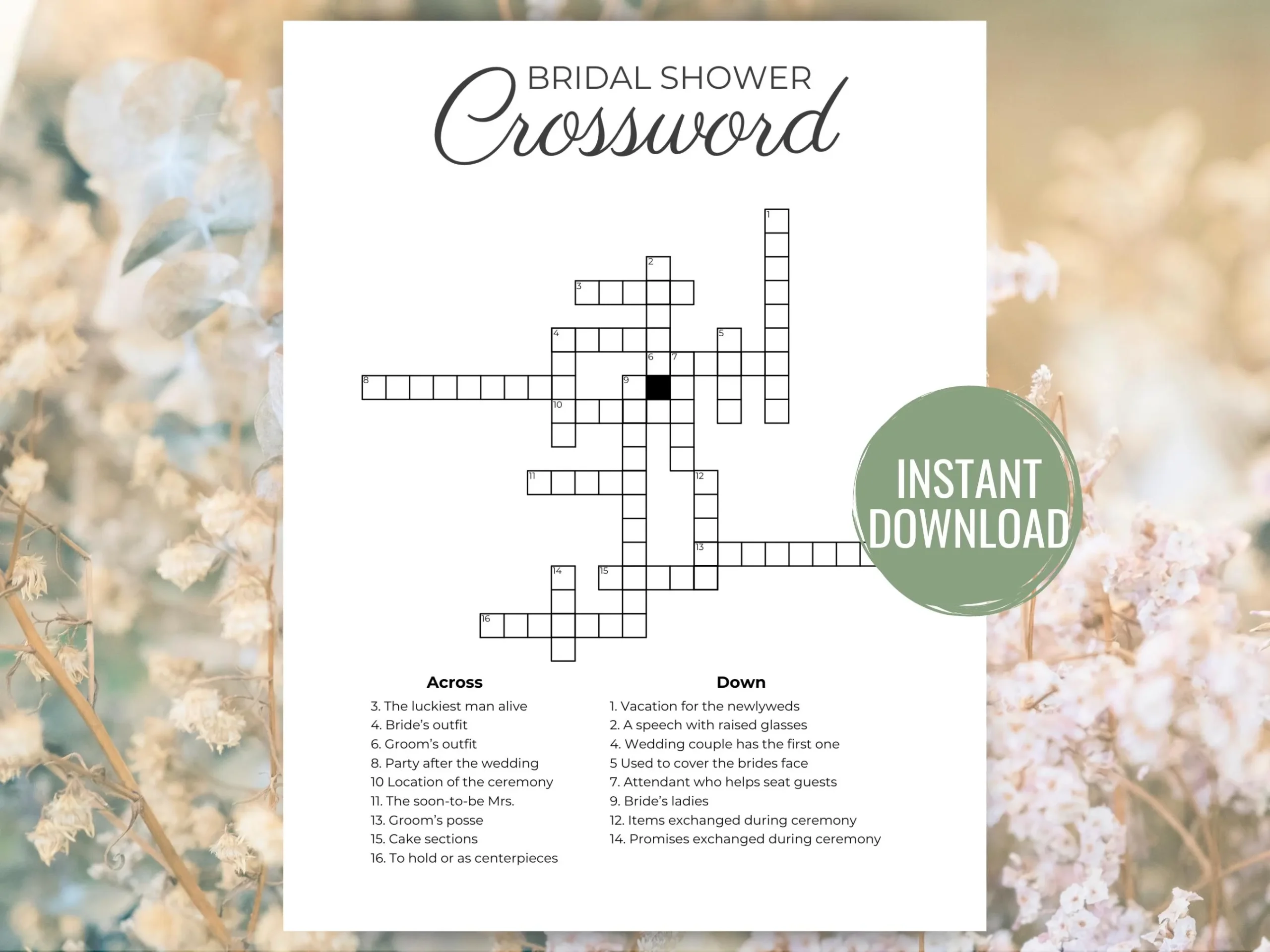 Bridal Shower Crossword Puzzle Game Minimalist Wedding digital Download Etsy