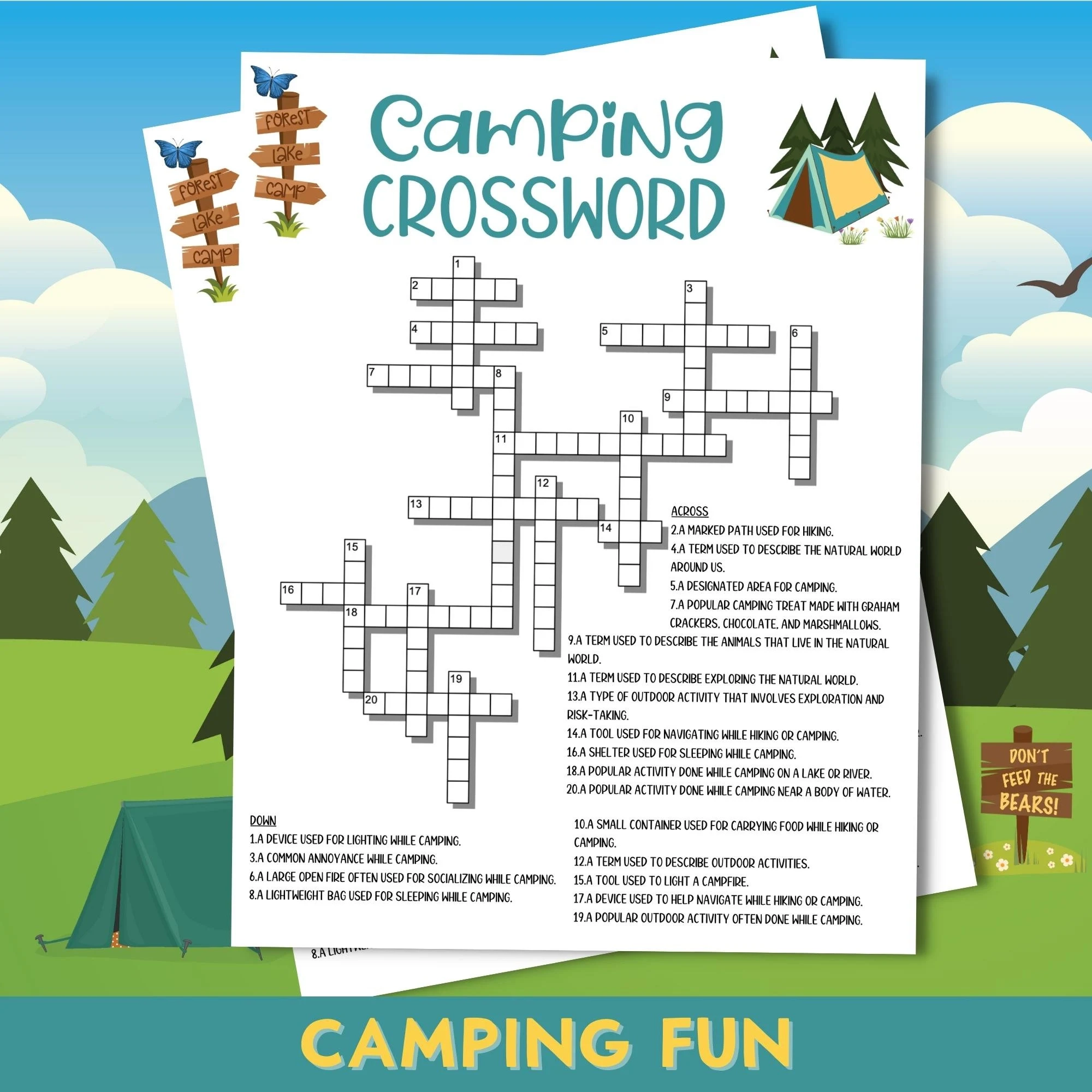 Camping Crossword Puzzle Printable Camping Trip Game Summer Camp Family Fun End Of School Activities Etsy