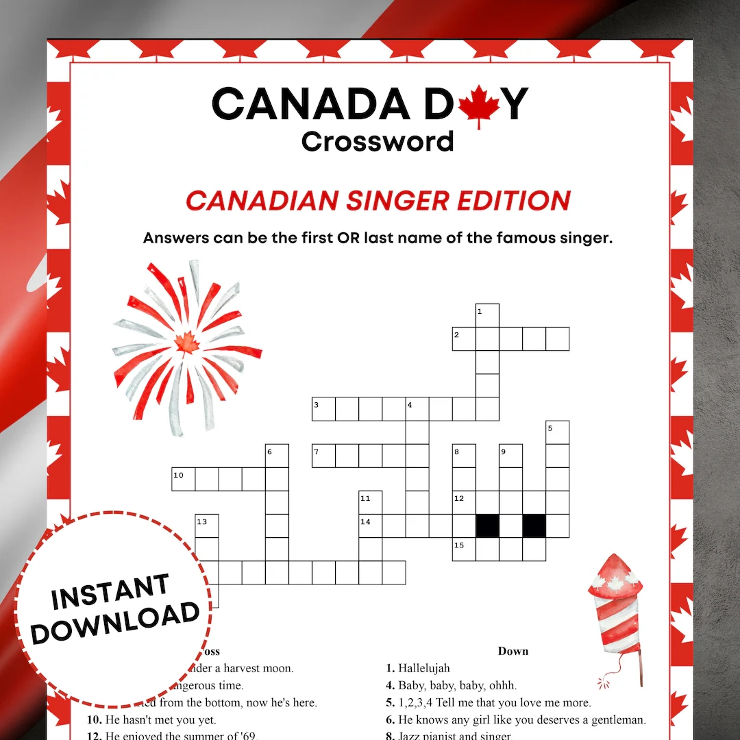 Canada Day Crossword Puzzle Printable Game Singer Crossword Printable Canada Day Game Canadian Singers Canada Day Activity Drake Etsy