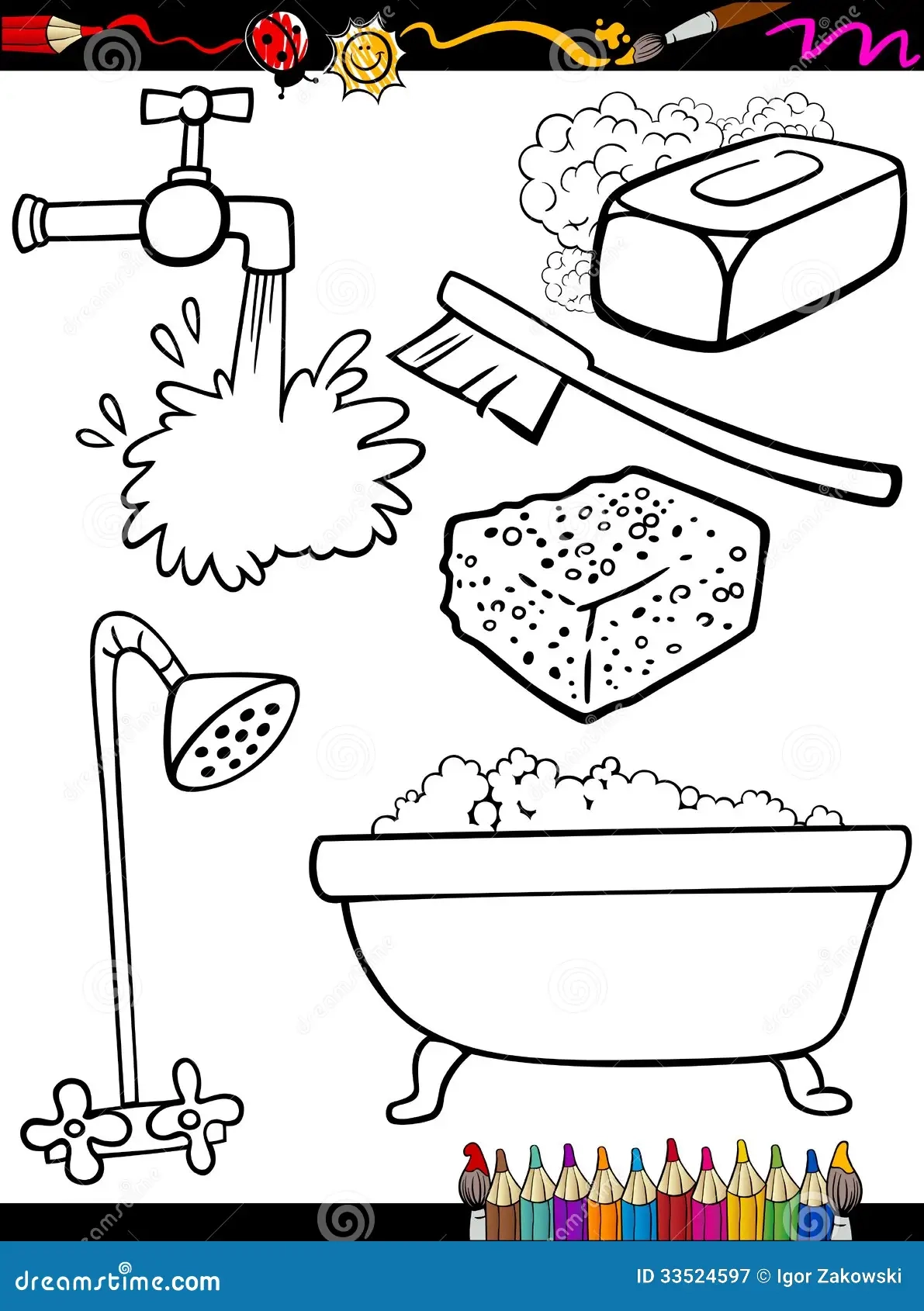 Cartoon Hygiene Objects Coloring Page Stock Vector Illustration Of Soap Comic 33524597