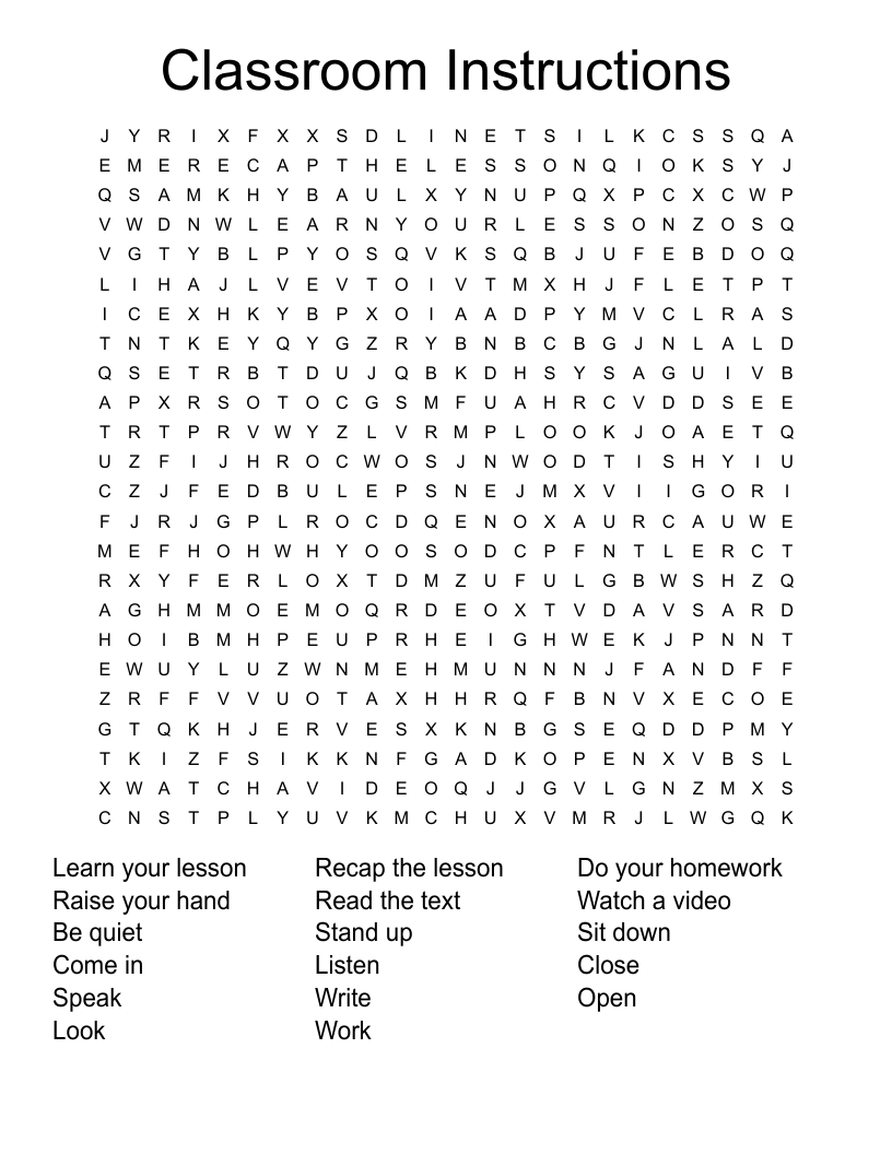 Classroom Instructions Word Search WordMint