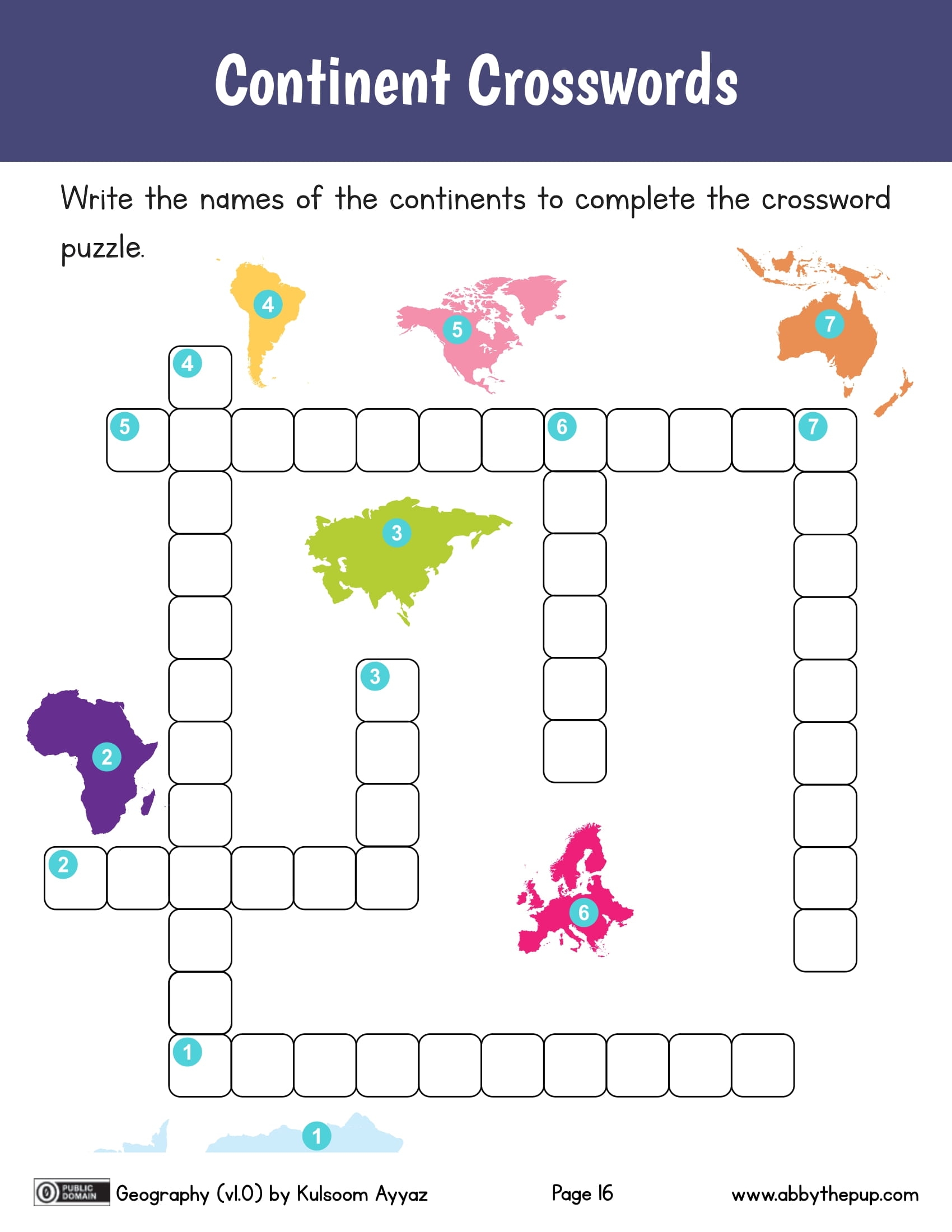 Continents Crossword Free Printable Worksheets