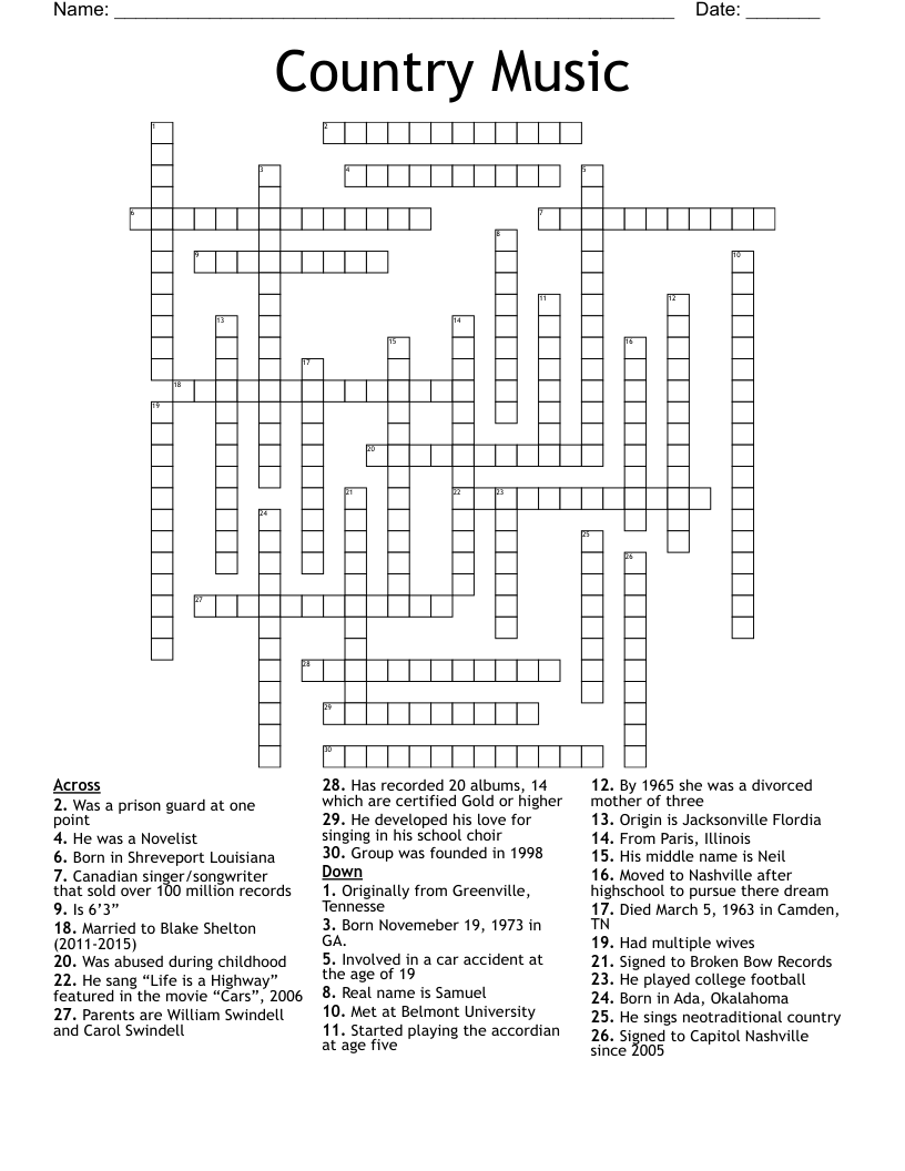 Country Music Crossword WordMint