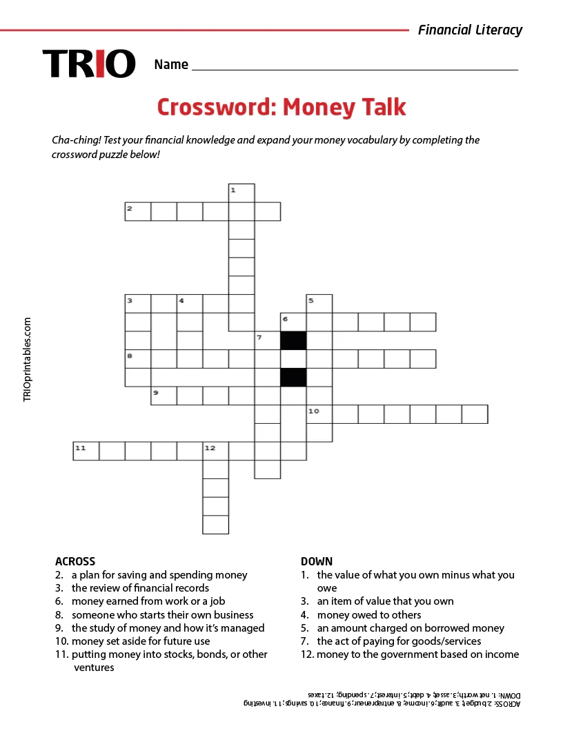 Crossword Money Talk Activity Sheet TRIO Printables